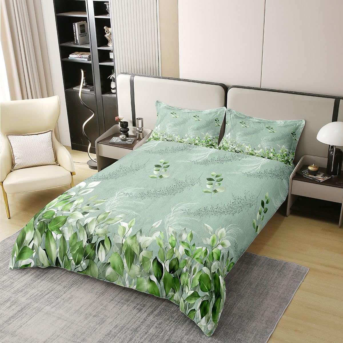 Homewish Szałwia zielona botaniczna kwiatowa królewska poszewka na kołdrę minimalistyczny gradient liście bawełna zestaw pościeli dom botaniczny roślina poszewka na kołdrę eleganckie zielone kwiaty