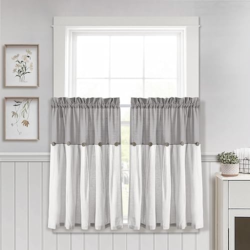 Lush Decor Cortinas Farmhouse de Lino con Botones Juego de Niveles, Par, 29" An x 36" L, Cortinas Farmhouse Gris y Blanco para Cocina