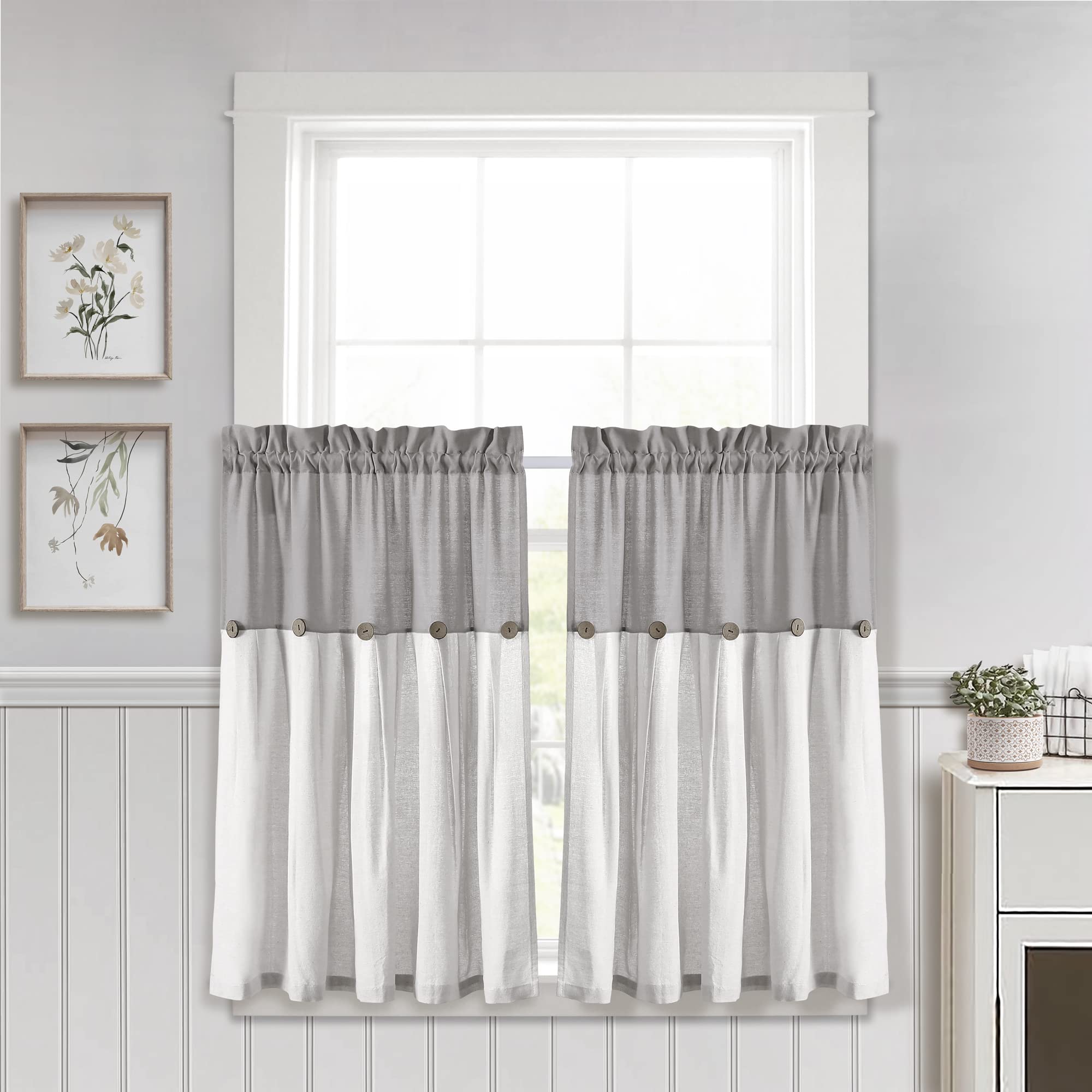 Lush Decor Linen Button Kitchen Tier Window Curtain Set, 29" Long x 36" Wide, Gray & White
