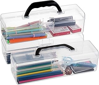 BTSKY 3 Pack Long Plastic Pencil Box Portable Clear Home Utility Boxes with Black Handle Stationery Storage Organizer Painting Tool Storage Container for Pencils Markers Sticky-Notes Craft Supplies