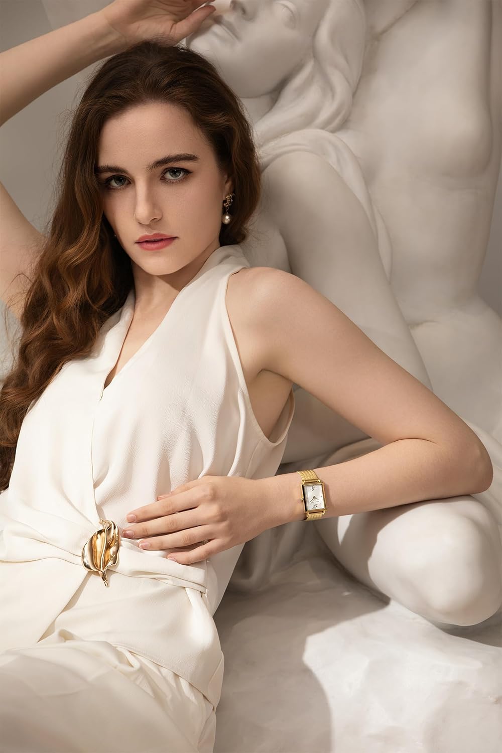 GOLDEN MAPLE Elegant Watches for Women, Swiss Quartz Movement Watch with Two Diamond Markers, Gold Rectangular Stainless Steel Case, Mesh or Leather Band - Image 2