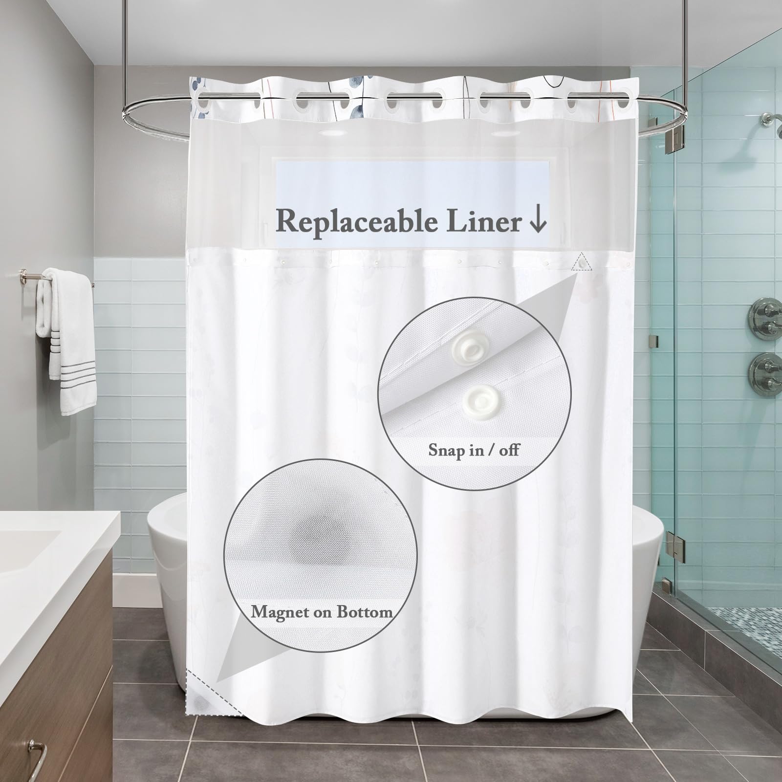 Gibelle Rideau de douche extra long sans crochet avec doublure en tissu imperméable à clipser – 182,9 x 218,4 cm (213,4 cm), rideau de douche moderne beige corail avec fenêtre supérieure transparente