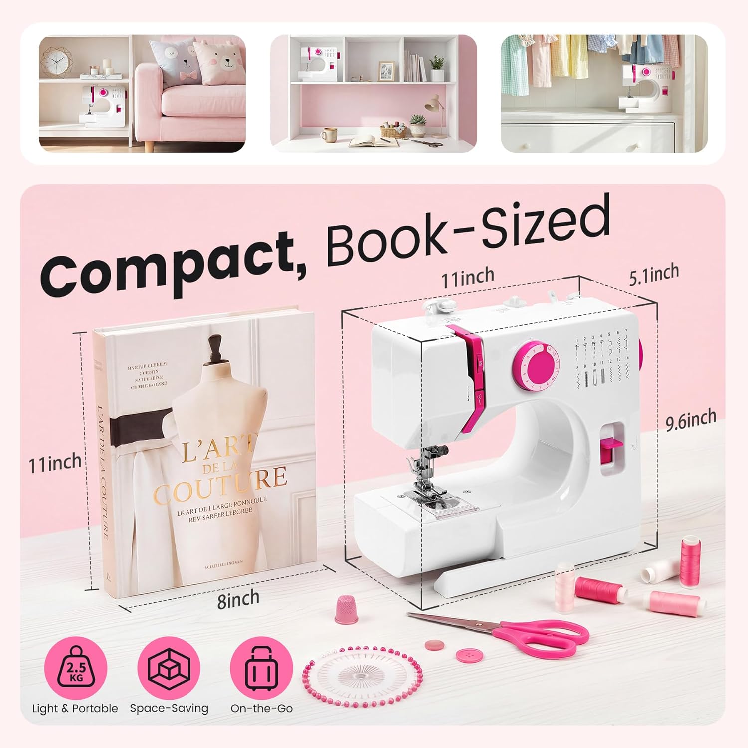 Portable Mini Sewing Machine for Beginners, 14 Stitches, Easy Dial Control, LED Light & Extension Table, Compact Lightweight for Home DIY Mending, Ideal Gift for Kids Adults White Pink
