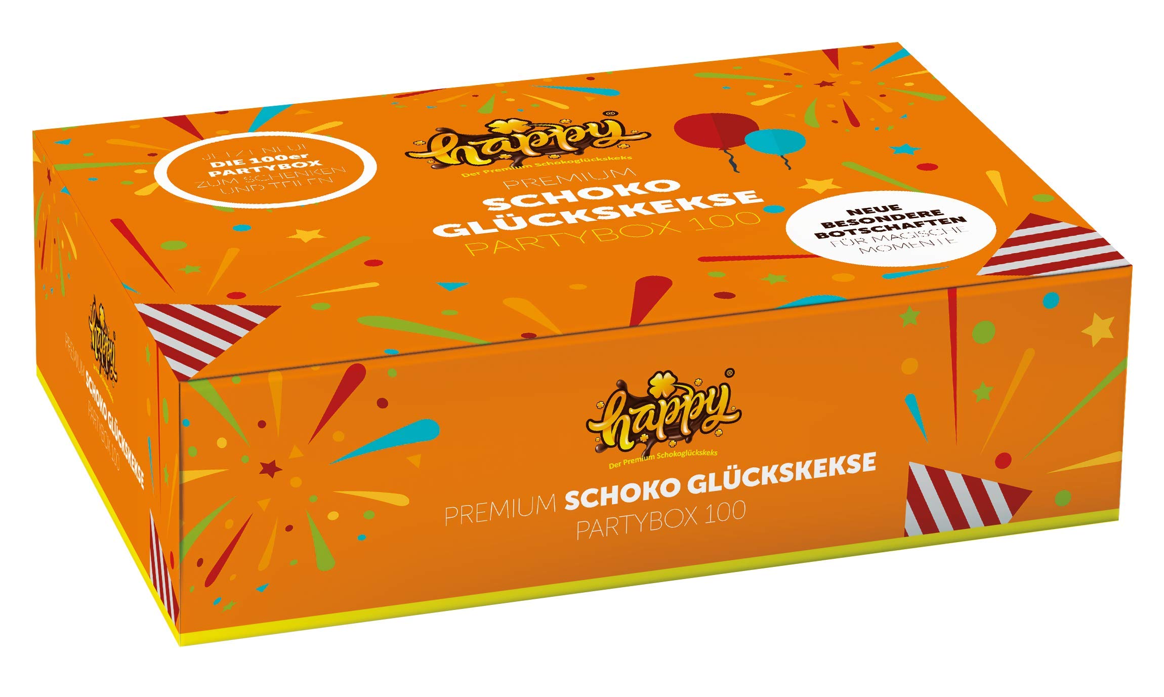 Glückskeks Happy Schoko Partybox (100 Kekse) Happy Schoko Glückskeks " Vegan, Schoko " in einer 100er Box, mit inspirierenden Botschaften (1Box = 100 Glueckskekse a 6g)