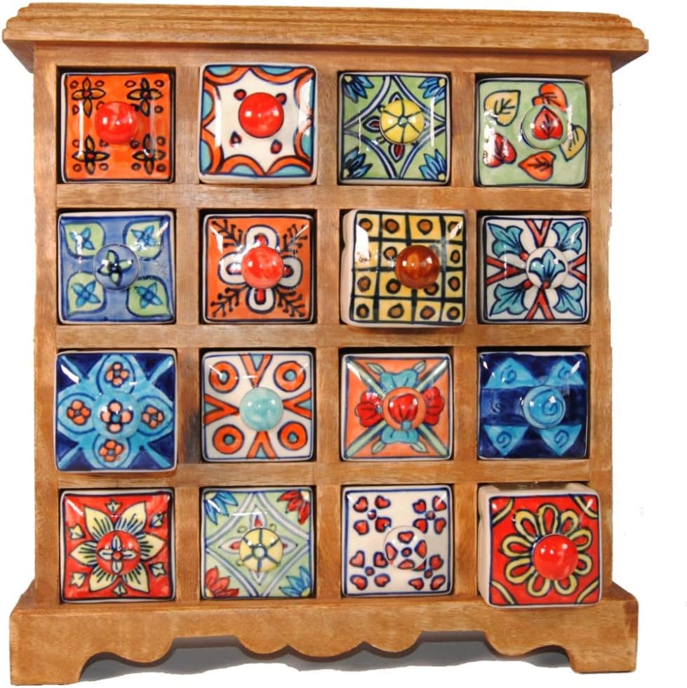 Terrapin Trading Fair Trade Mangowood 16 Drawer Hand Painted Indian Ceramic Storage Chest 33cm