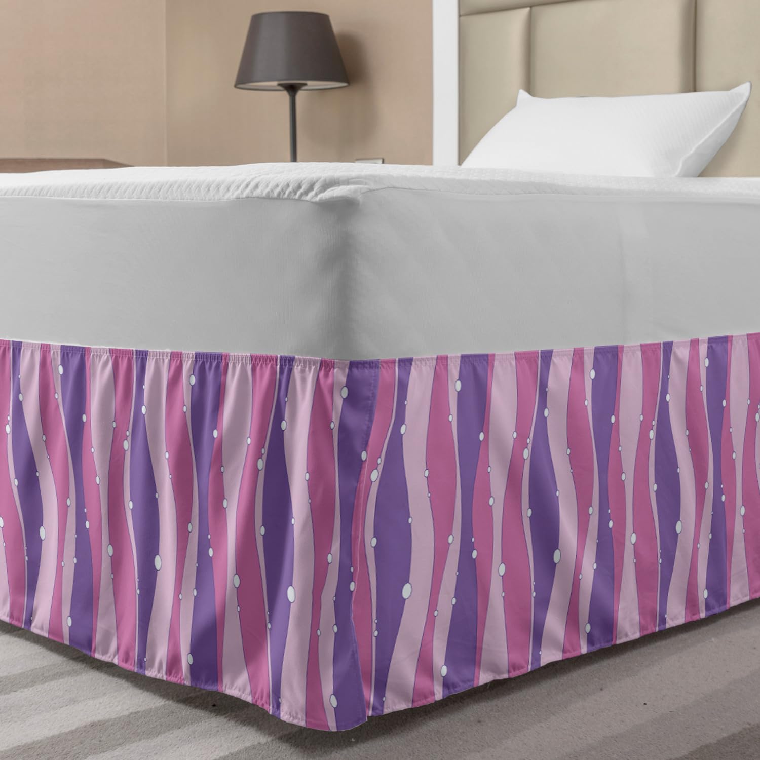 Ambesonne Abstract Bed Skirt Pattern with Vertical Wavy Lines and Little Buble Circles Print Elastic Bedskirt Dust Ruffle