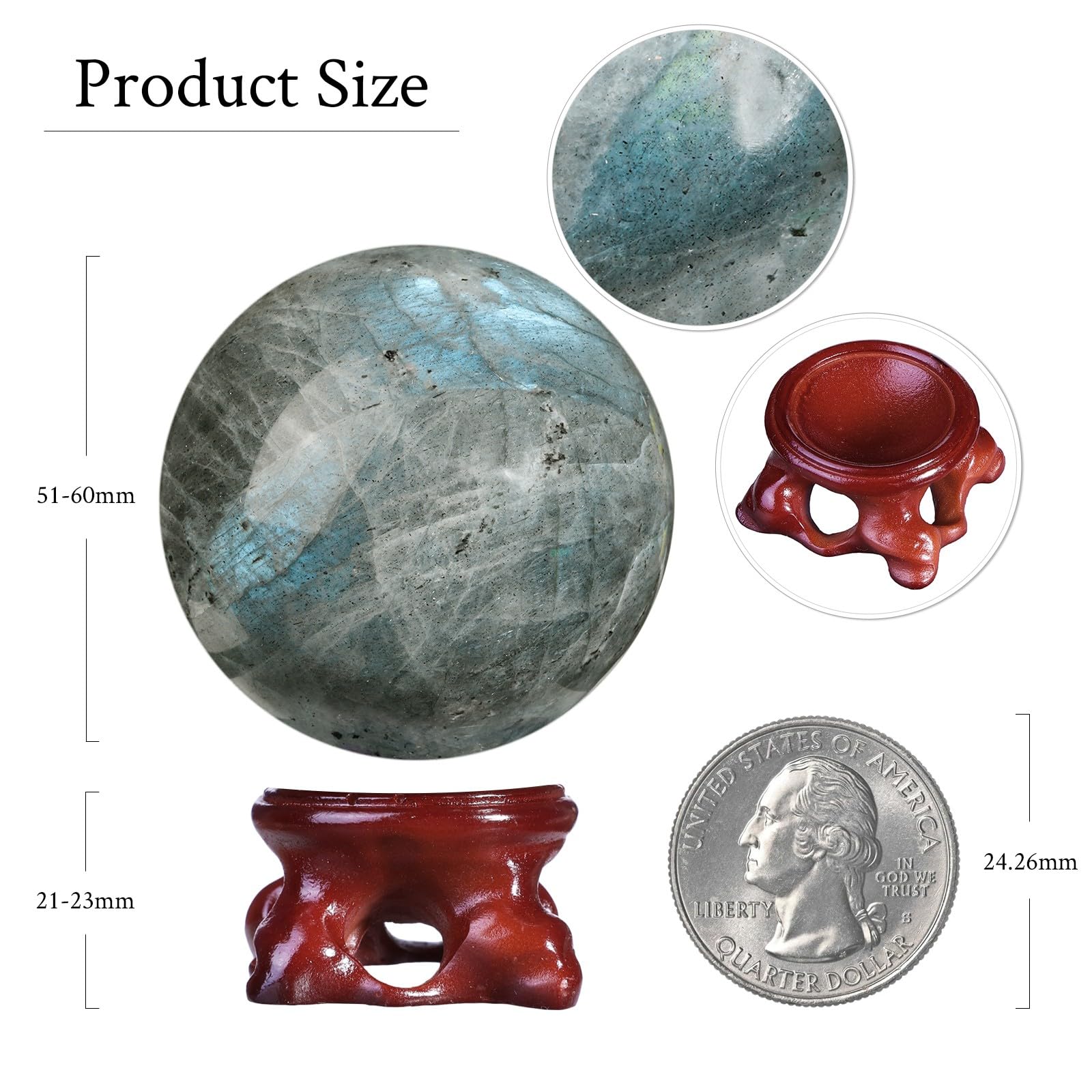 mookaitedecor Natural Labradorite Crystal Ball with Resin Stand, Decorative Stone Sphere Ball for Feng Shui Meditation Divination Home Decor, 2-2.36 Inch (51-60 mm)