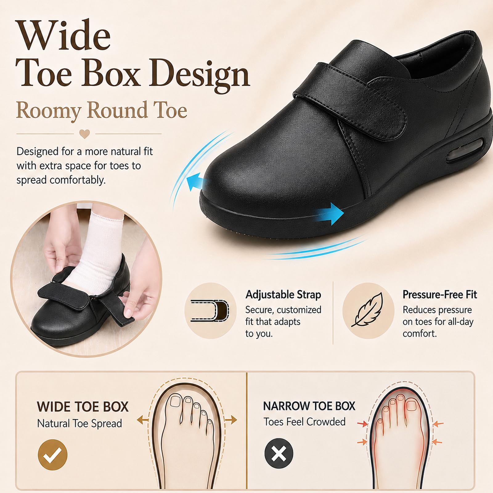 Buty do chodzenia o bardzo szerokich szerokościach dla mężczyzn i kobiet, regulowane zapięcie, łatwe zakładanie, wygodne trampki, lekkie, antypoślizgowe, oddychające obuwie dla osób starszych