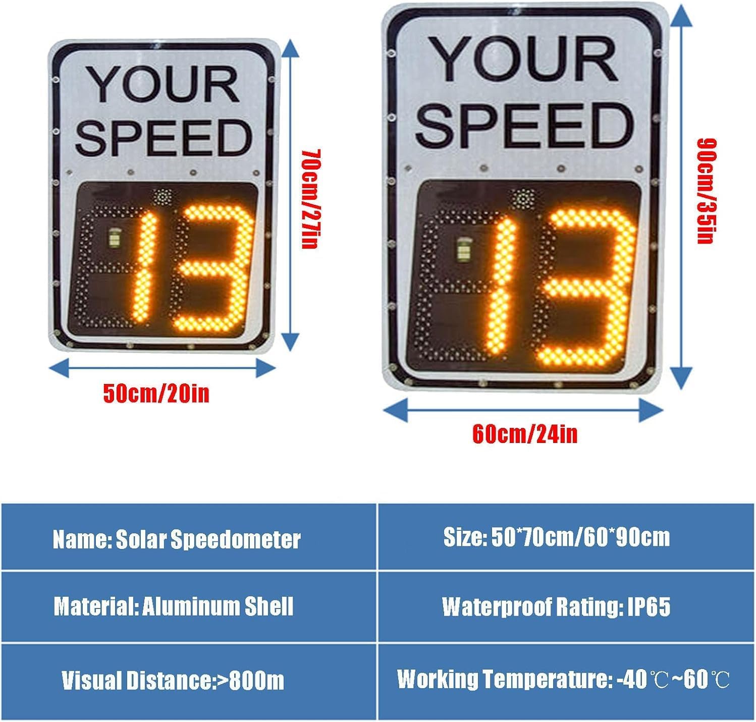 Speed Display Radar Traffic Warning Signs, Solar LED Variable Speed Limit Signs Radar Vehicle Feedback Signage for Road Highway Parking Safety(23.6x35.4in)