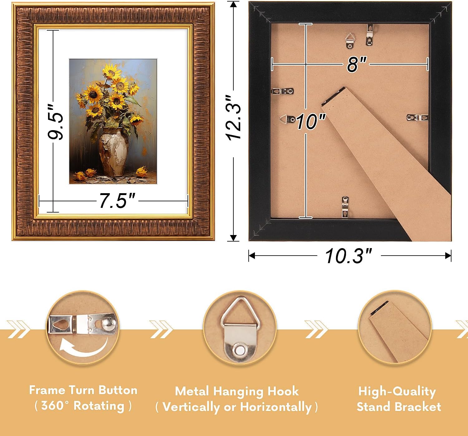 8x10 Picture Frame for 5x7 Photo with White Mat, HD Real Glass 8x10 Vintage Photo Frame, 8 by 10 Poster Frame with Vintage Gold Border Horizontal & Vertical Display for Tabletop or Wall Decor (1 Pack) Vintage Gold 8x10