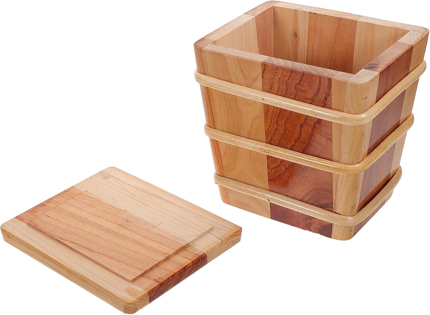 Wooden Rice Storage Bucket with Lid, Square Hangiri Sushi Mixing Tub, Handmade Steam Rice Barrel for Home Kitchen Food Container