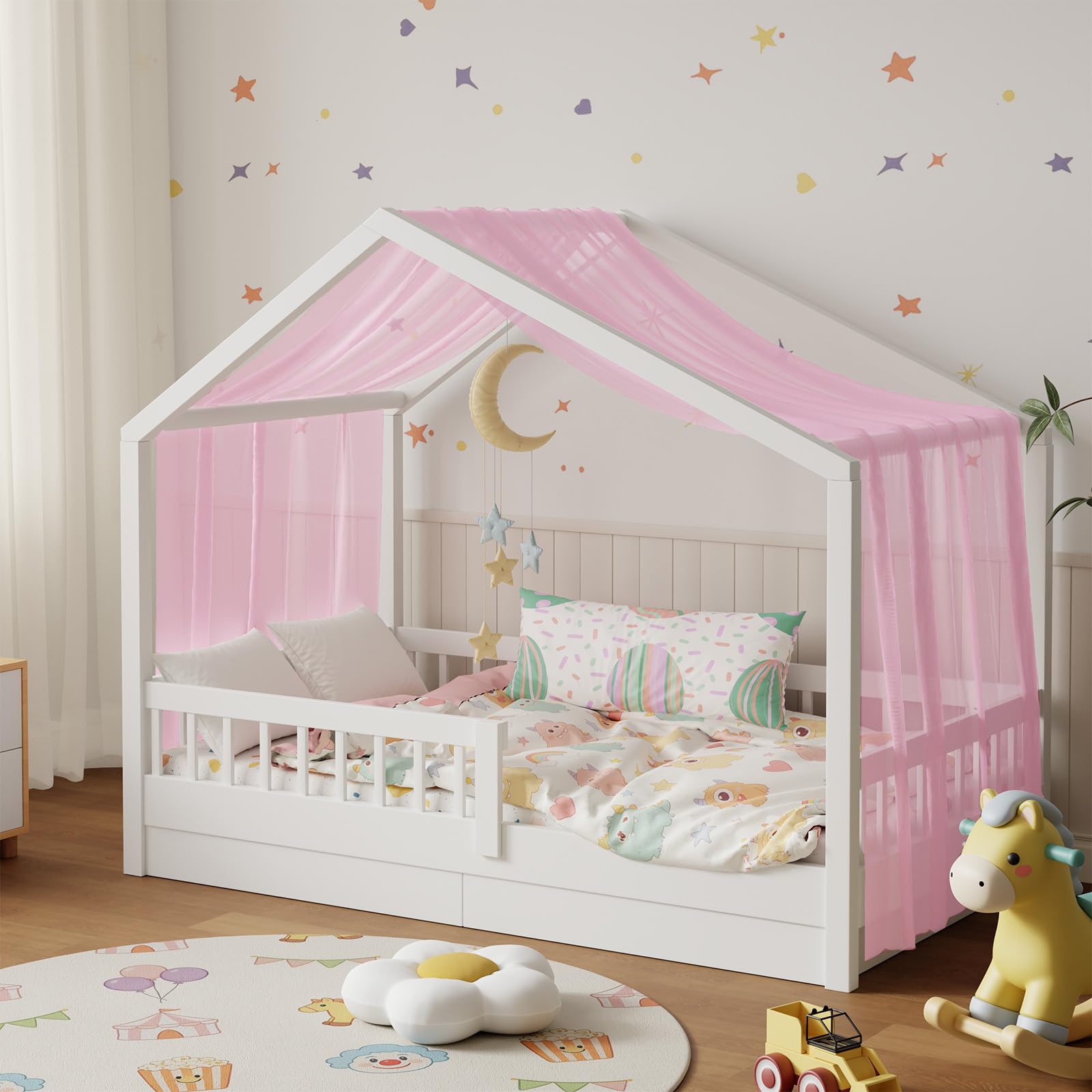 Ciel de lit cabane 2 pièces - Voilage en Forme de Tente 150x350 cm, Décoration Chambre Enfant Fille ou garçon (Rose)