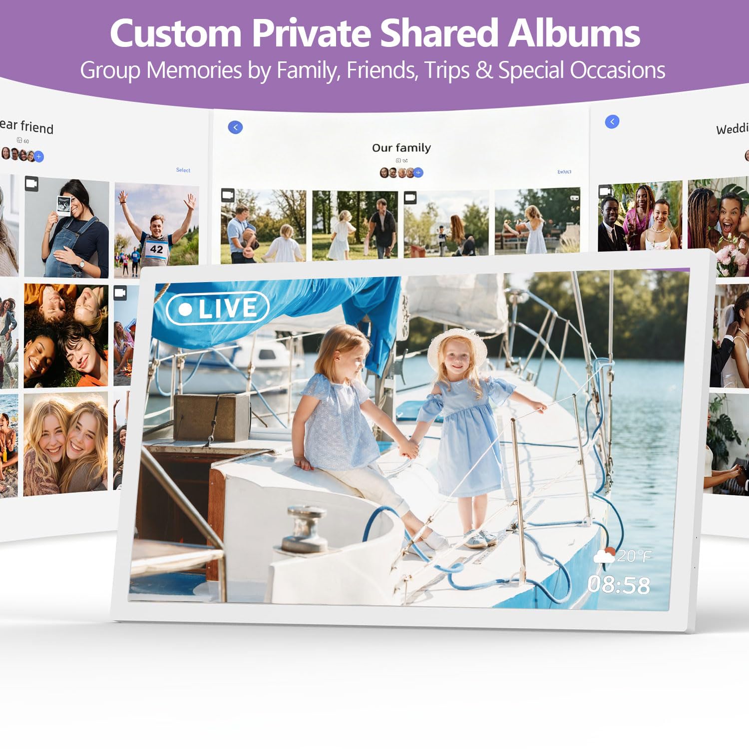 Cadre Photo Numérique Connecté WiFi 21.5 Pouces FHD IPS Écran- Cadre Numerique Photo Grand Format, 32Go Mémoire, Partagez des Photos/Vidéos via Frameo App, Rotation Automatique, Digital Frame
