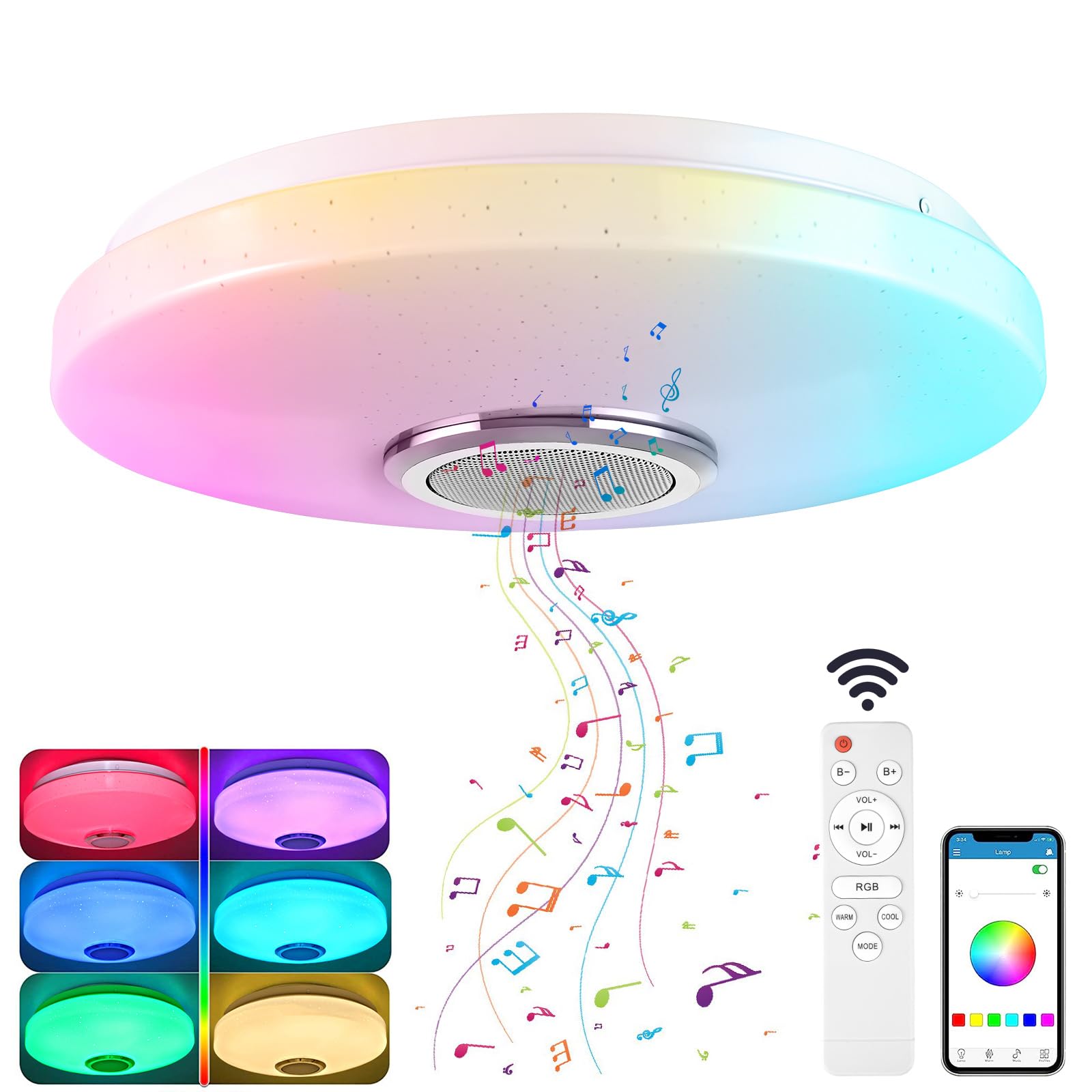 Ntmaichy LED Ceiling Light with Bluetooth Speaker, 36W RGB Brightness Ceiling Lights with Remote Control, Cool Warm White Ceiling Lamp for for Bedroom Kids Room