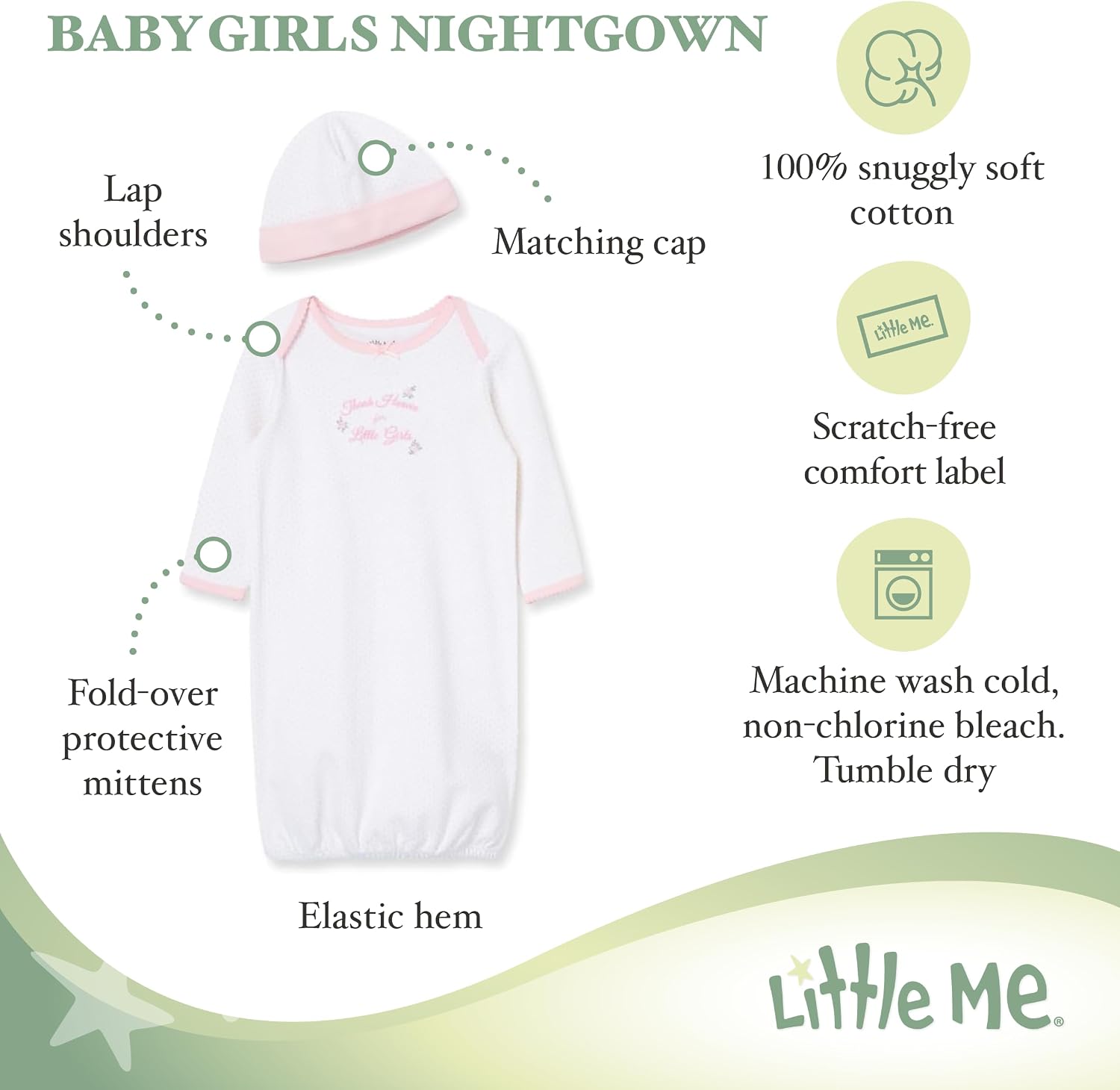 Little Me Clothes for Baby Girls' 2-Piece Nightgown and Cap Set 100% Cotton with Elastic Bottom, Baby Essentials image 2