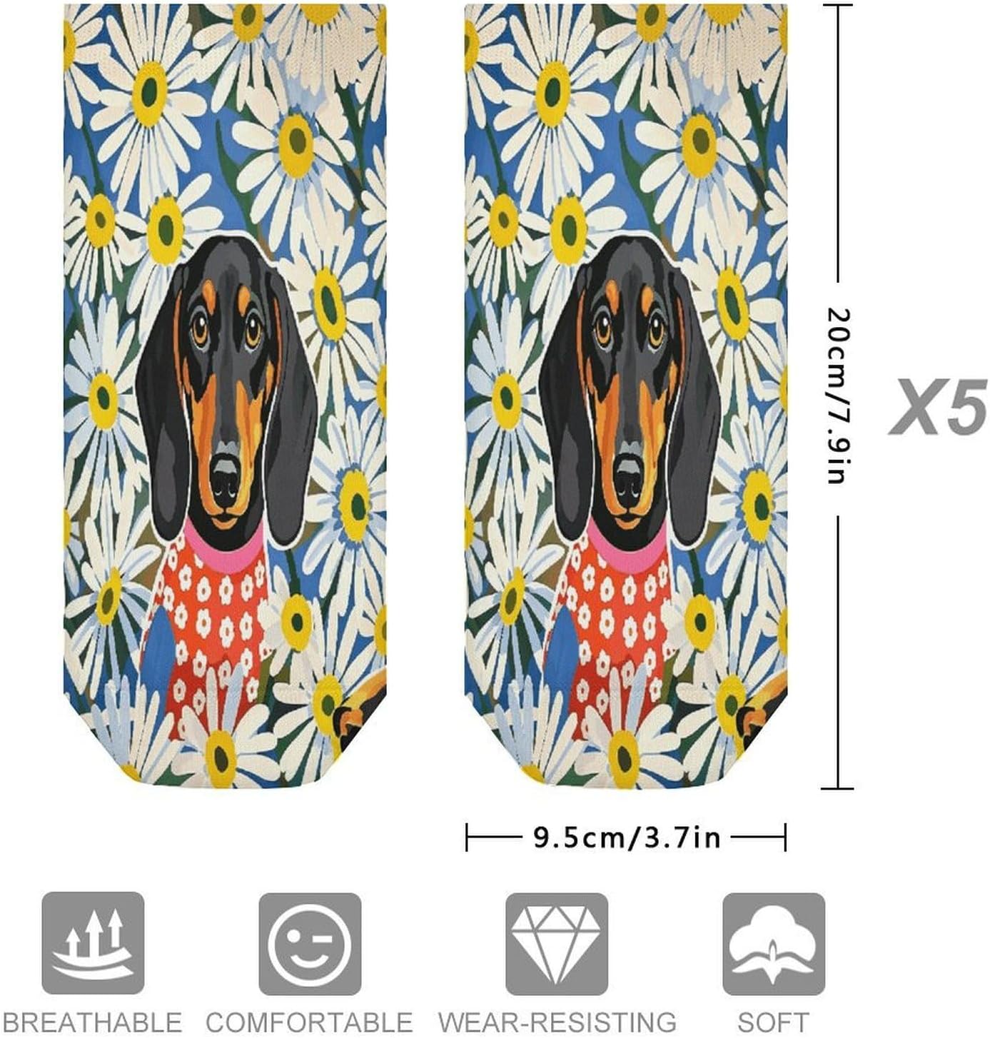 Dachshund in Daisy Field 5Pairs Low Cut Ankle Socks for Women No Show Casual Breathable Athletic Socks for Sport
