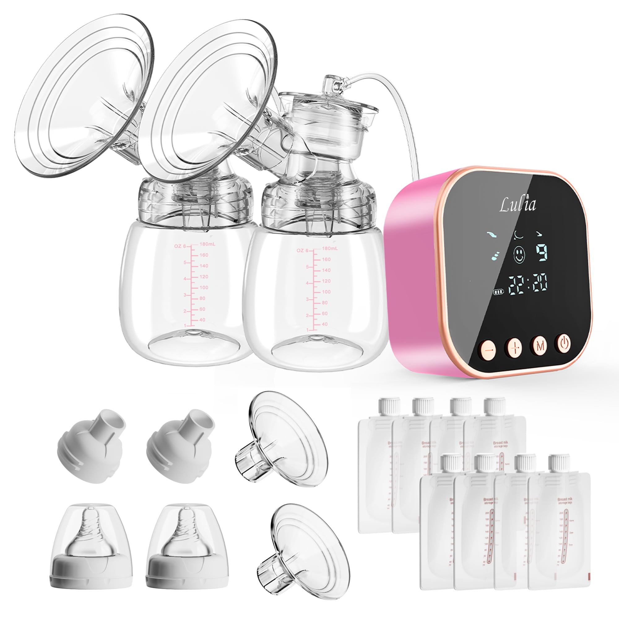 Pompa elettrica per latte doppio, 4 modalità e 9 livelli, flange in 2 misure, tasti meccanici, con sacchetto per latte e adattatore, pompe per allattamento ricaricabili per casa e in viaggio