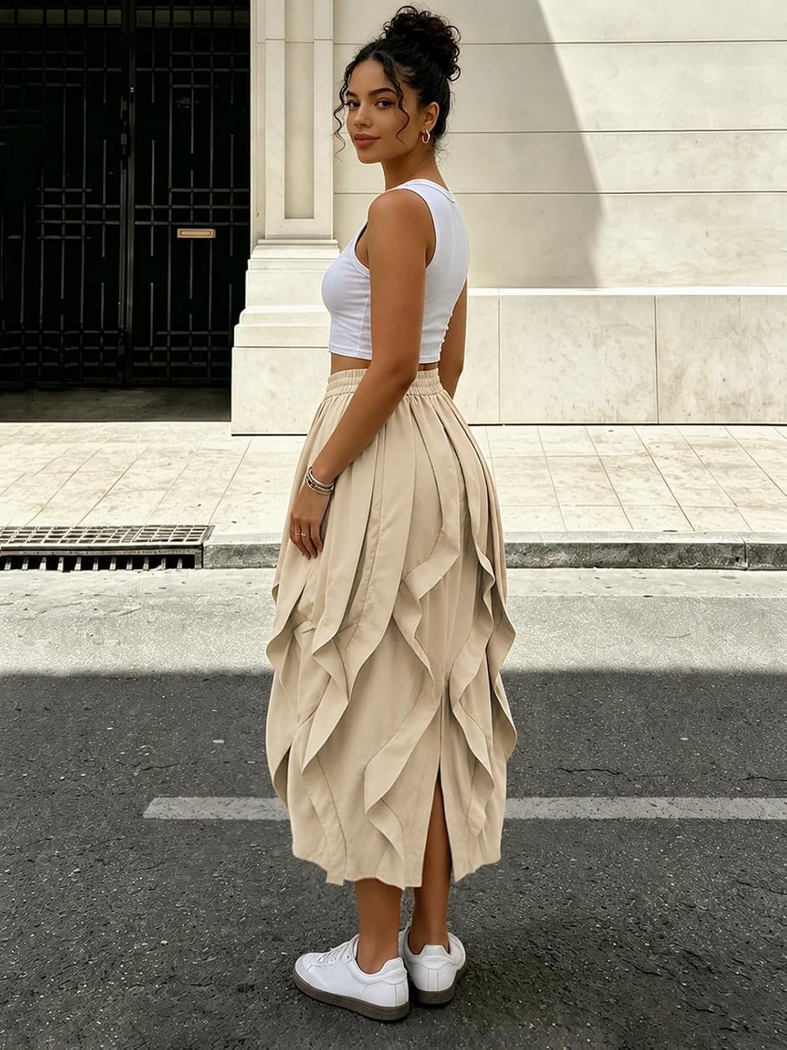 knowfashionstyle Cargo Skirts for Women Baggy Loose Fit Boho Bubble Maxi Skirt Drawstring Ruched Y2K Skirt with Pockets