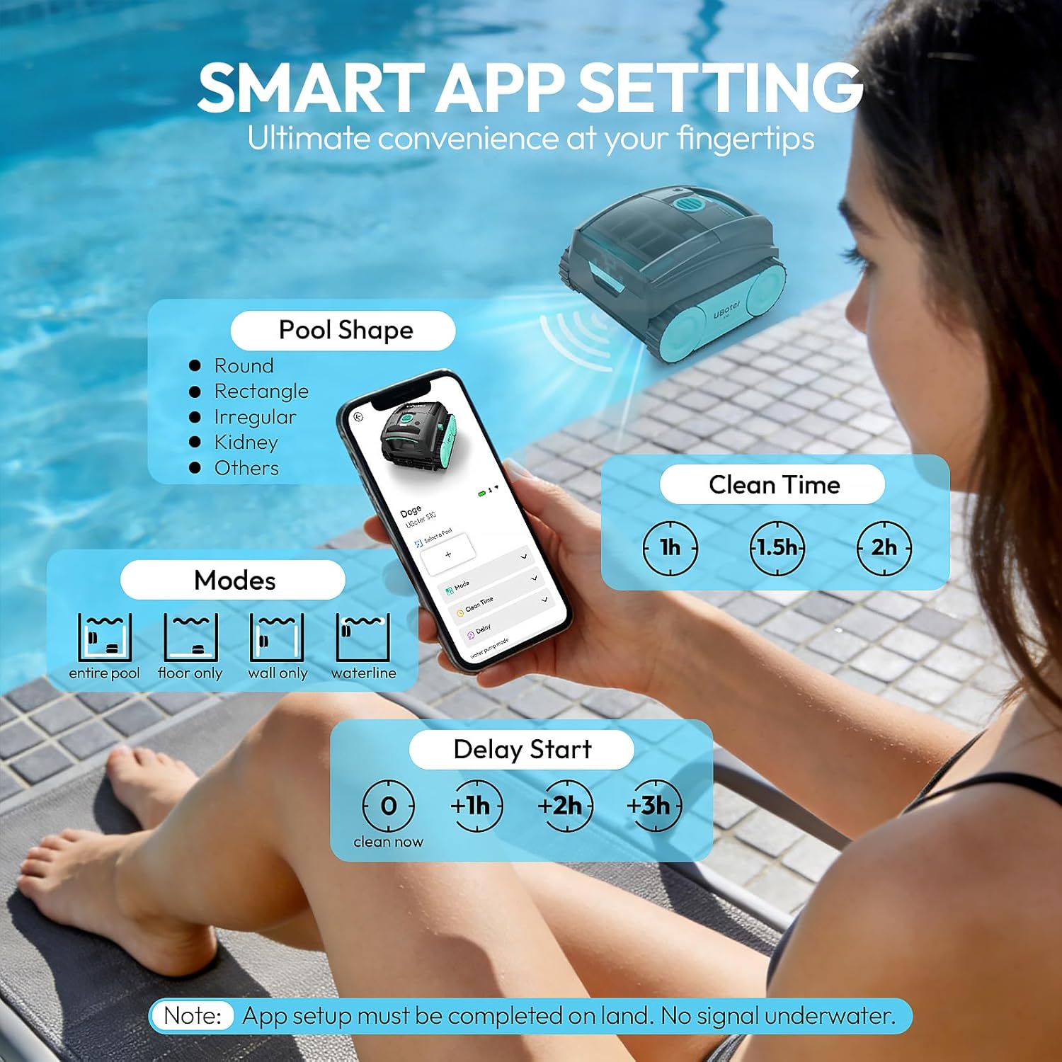 Cordless Robotic Pool Cleaner, Automatic Pool Vacuum for Inground & Above Ground Pool up to 1290 sq.ft, Floor Wall Waterline Step Cleaning, 150-Min Runtime, Auto Parking, Lightweight, Smart App