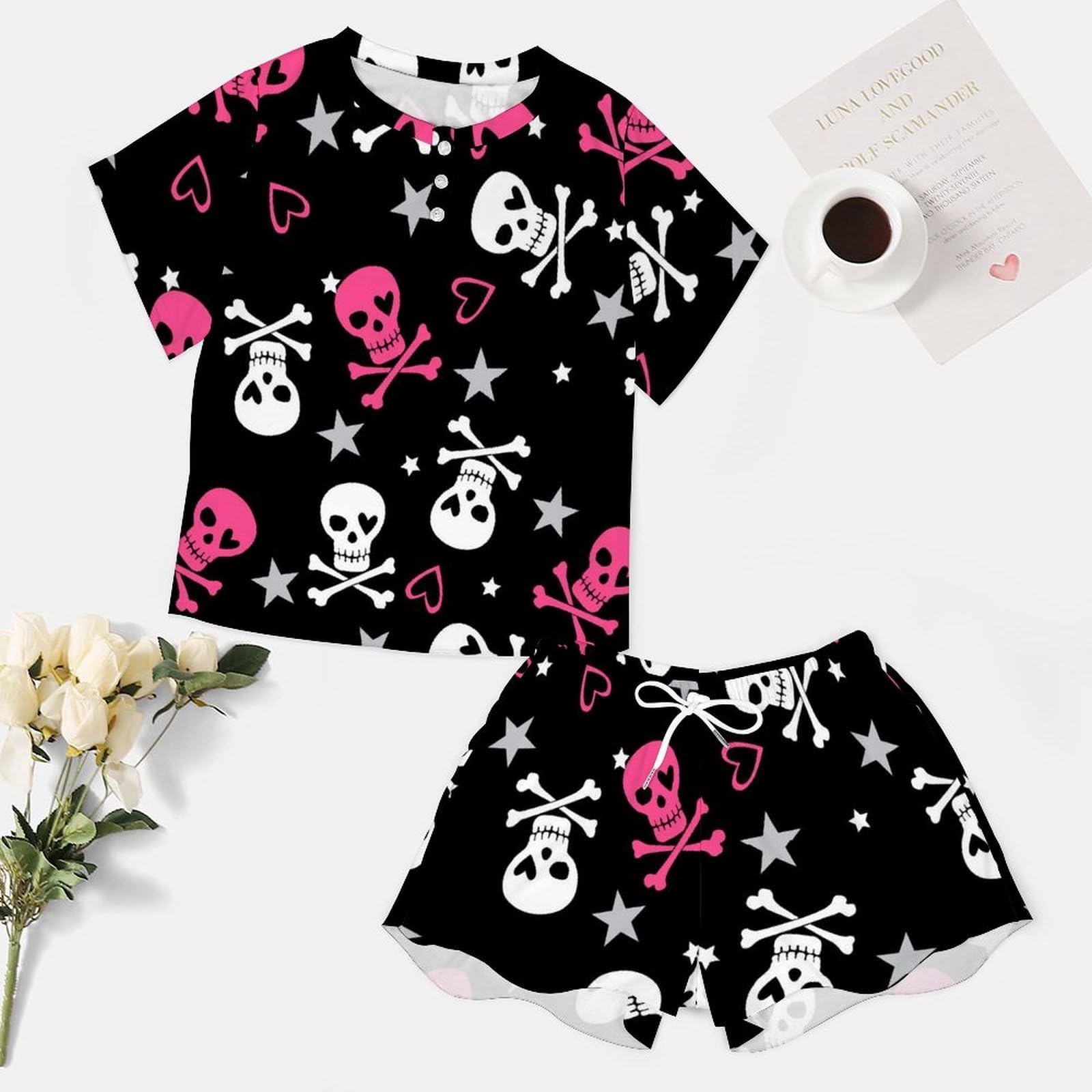 Couleur Crâne Ensemble De Pyjama pour Femme Manches Courtes Vêtements De Nuit Ete Sleepwear