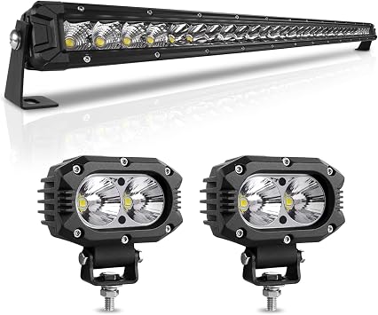 LED Light Bar 32 Inch 8000LM/30000LM Single Row Flood Spot Beam Combo & 4 Inch LED Pods Light Spot Light Bar Off Road Xenon Driving Light for Pickup SUV ATV UTV Truck Boat