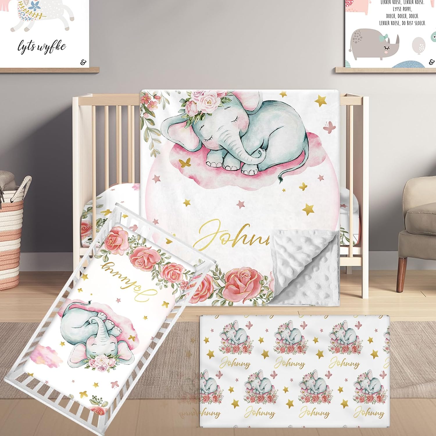 Terwex Custom Name Crib Bedding Set, 3 Pcs Personalized Baby Crib Bedding Set, Soft Pink Elephant Nursery Crib Sets for Boys Girls, Double Layer Toddler Bedding Set Customized Gifts for Newborn Kids