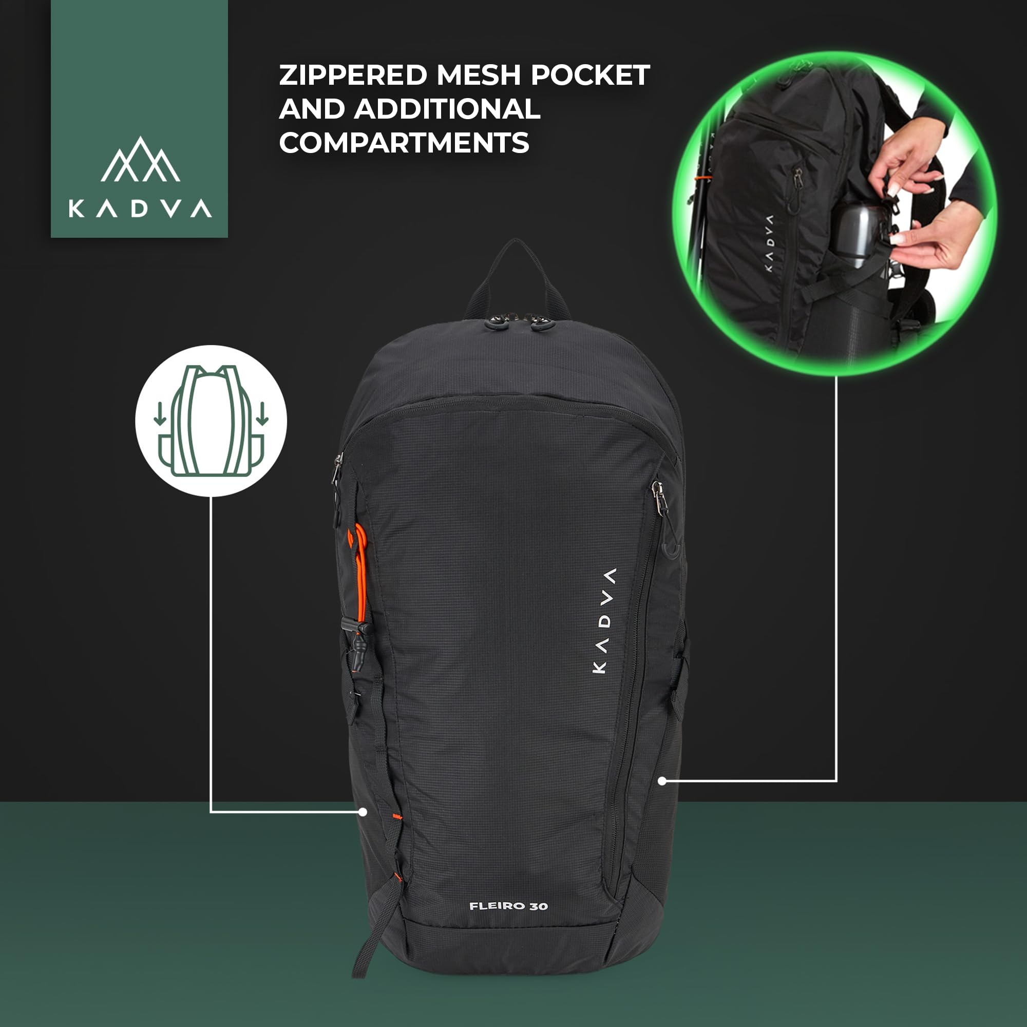 KADVA Fleiro 30L Mochila de Senderismo con Portaequipajes, Funda para Lluvia, Compresión, Bolsillos, Cinturón de Cadera, Organizador, Trekking y Montañas.