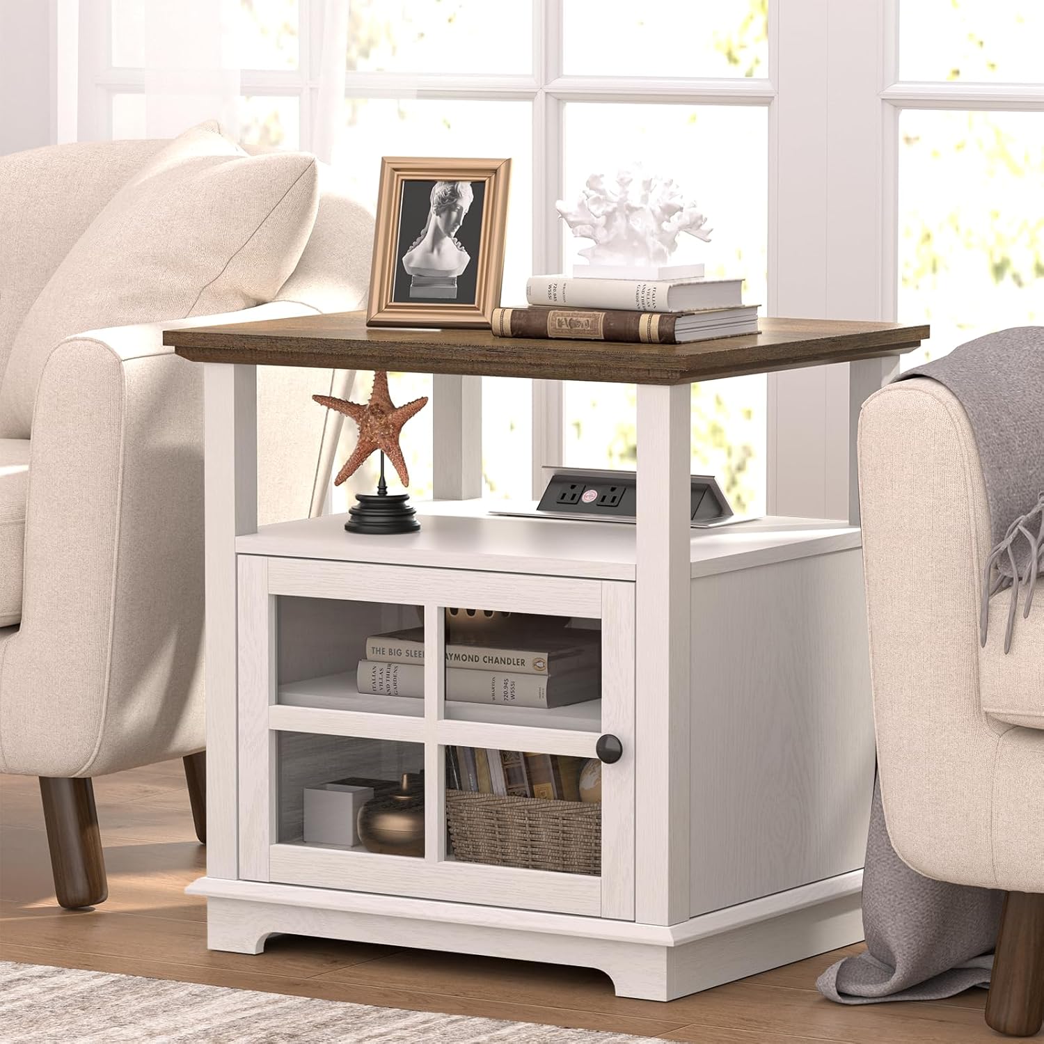 HIFYOBRO 24" Tall White End Table with Charging Station, Adjustable Shelf & Storage - 21" Large Modern Farmhouse Nightstand for Bedroom, Living Room