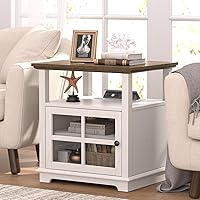 HIFYOBRO 24" Tall White End Table with Charging Station, Adjustable Shelf & Storage - 21" Large Modern Farmhouse Nightstand for Bedroom, Living Room