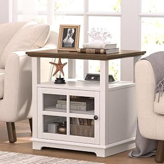 HIFYOBRO 24" Tall White End Table with Charging Station, Adjustable Shelf & Storage - 21" Large Modern Farmhouse Nightstand for Bedroom, Living Room