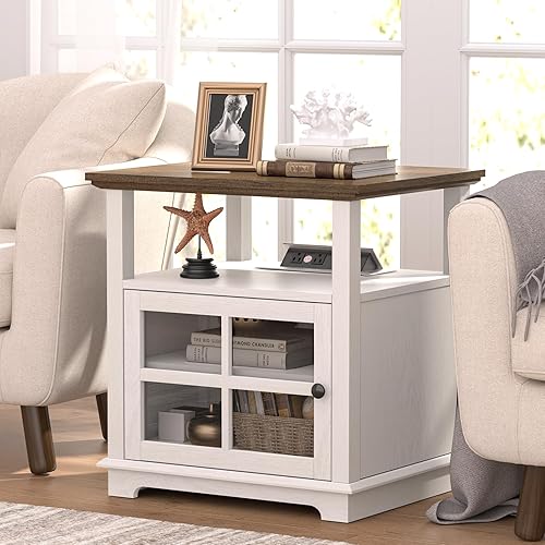 HIFYOBRO Mesa auxiliar blanca de 24 pulgadas de alto con estación de carga, estante ajustable y almacenamiento, mesa auxiliar grande de 21 pulgadas,