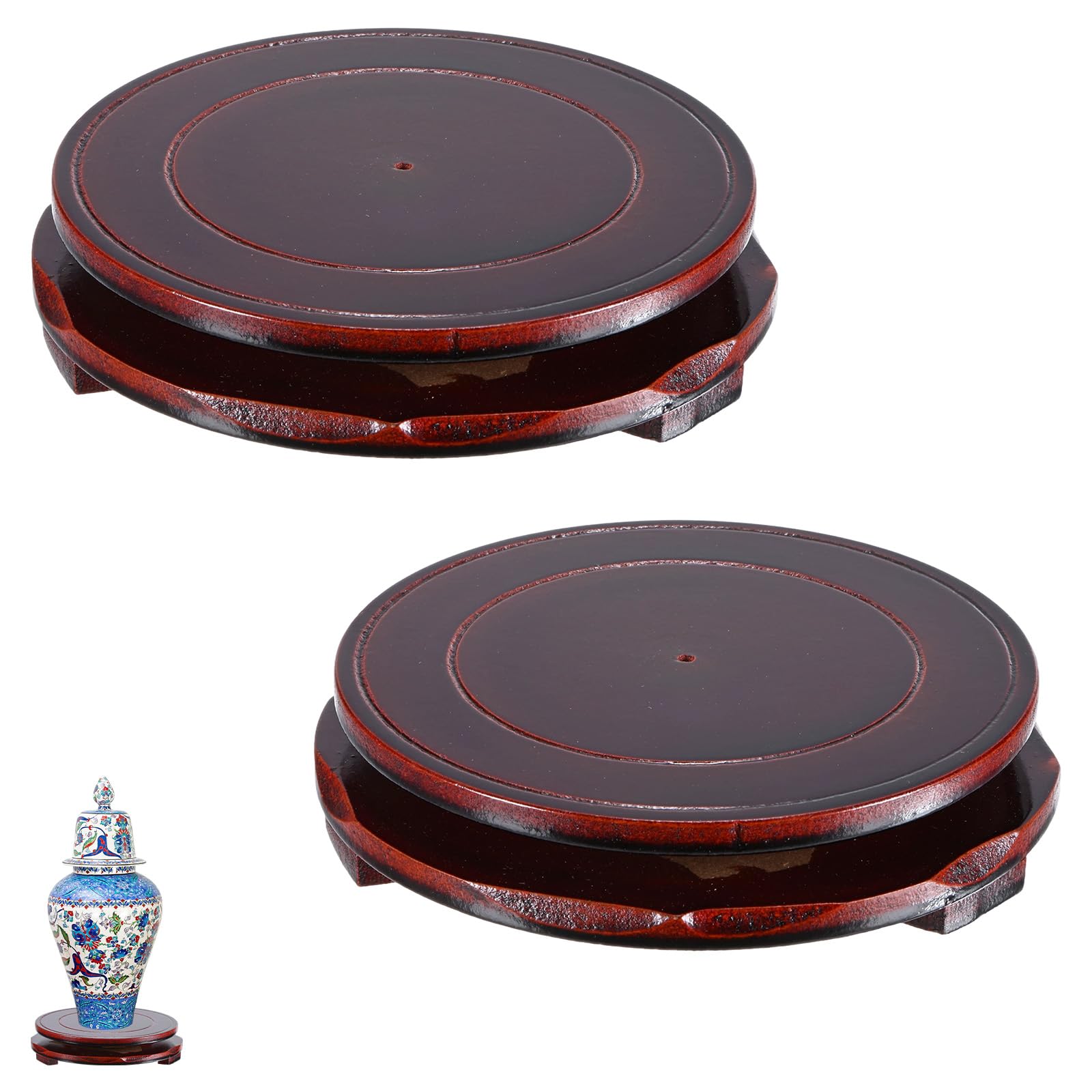 M METERXITY 2 Pack Display Stand, Brown Wooden Stands for Display, Stable Round Base Stand Decor for Fishbowl Planter [Rotation, 5.91'' x 1.34'']