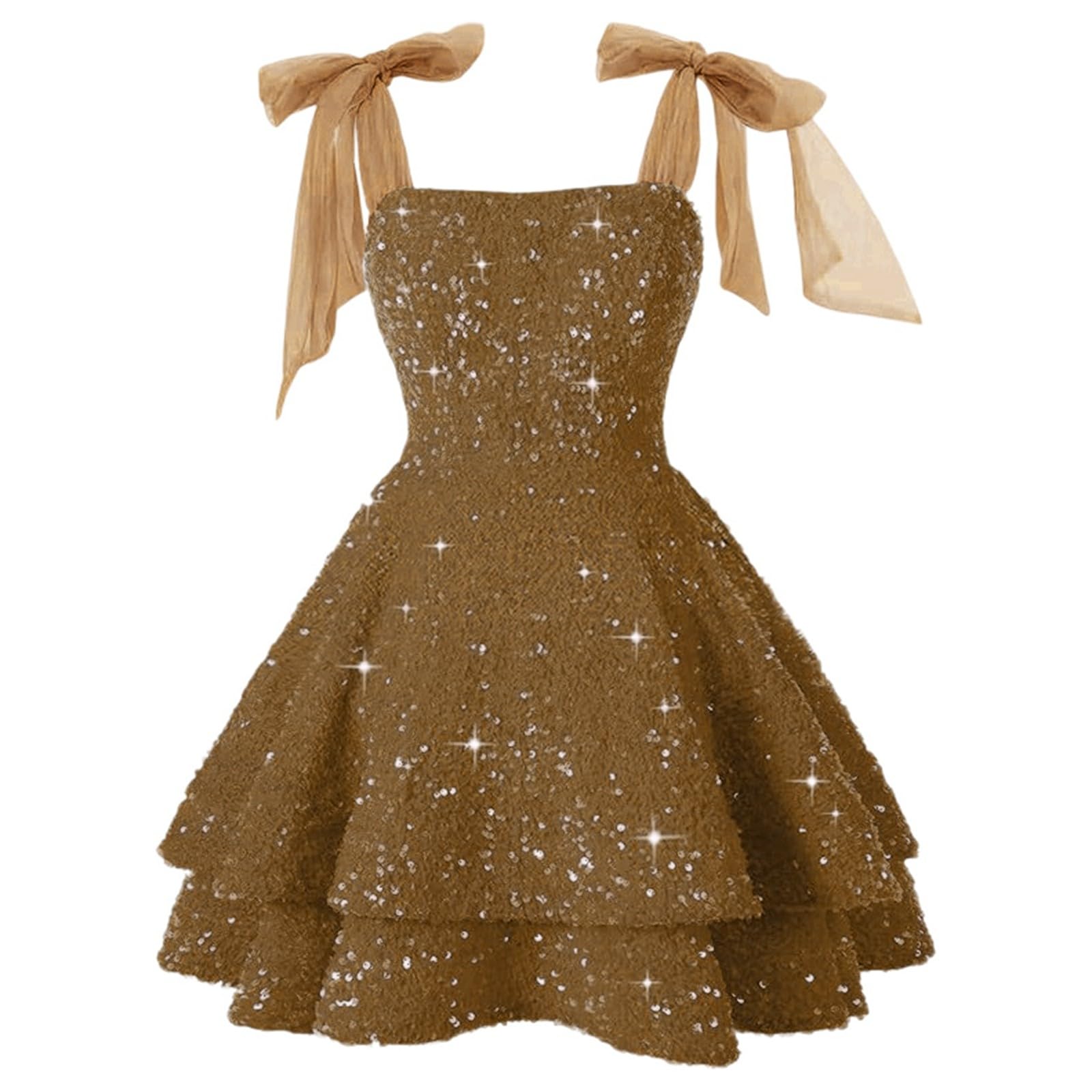 Generisch Vestito da donna con paillettes, abito da cocktail corto, abito da sera con spalline sottili, mini abito con fiocco, elegante, a maniche lunghe, abito premaman