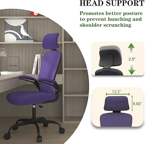 Miniatura 4 de Silla de oficina ergonómica de malla para largas horas y alivio del dolor de espalda, soporte lumbar ajustable y reposacabezas, cojín de espuma de