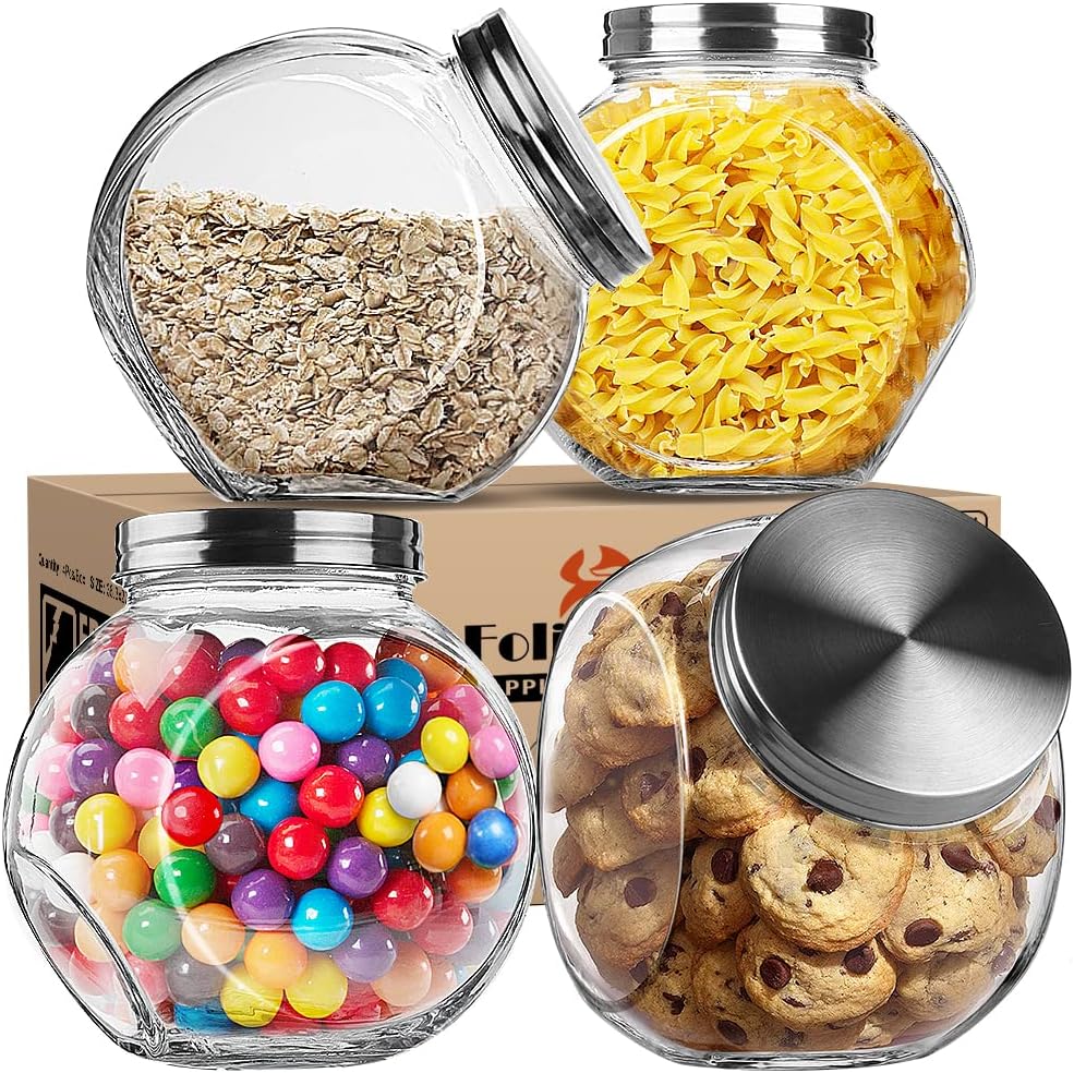 Folinstall 4 Pcs 50 oz (1478ml) Penny Candy Jars with Lid, Glass Cookie Jar, Glass Storage Canister Great for Cereal, Nuts, Sugar, Flour, Chip and Cookies. Extra Labels and Chalkboard Included