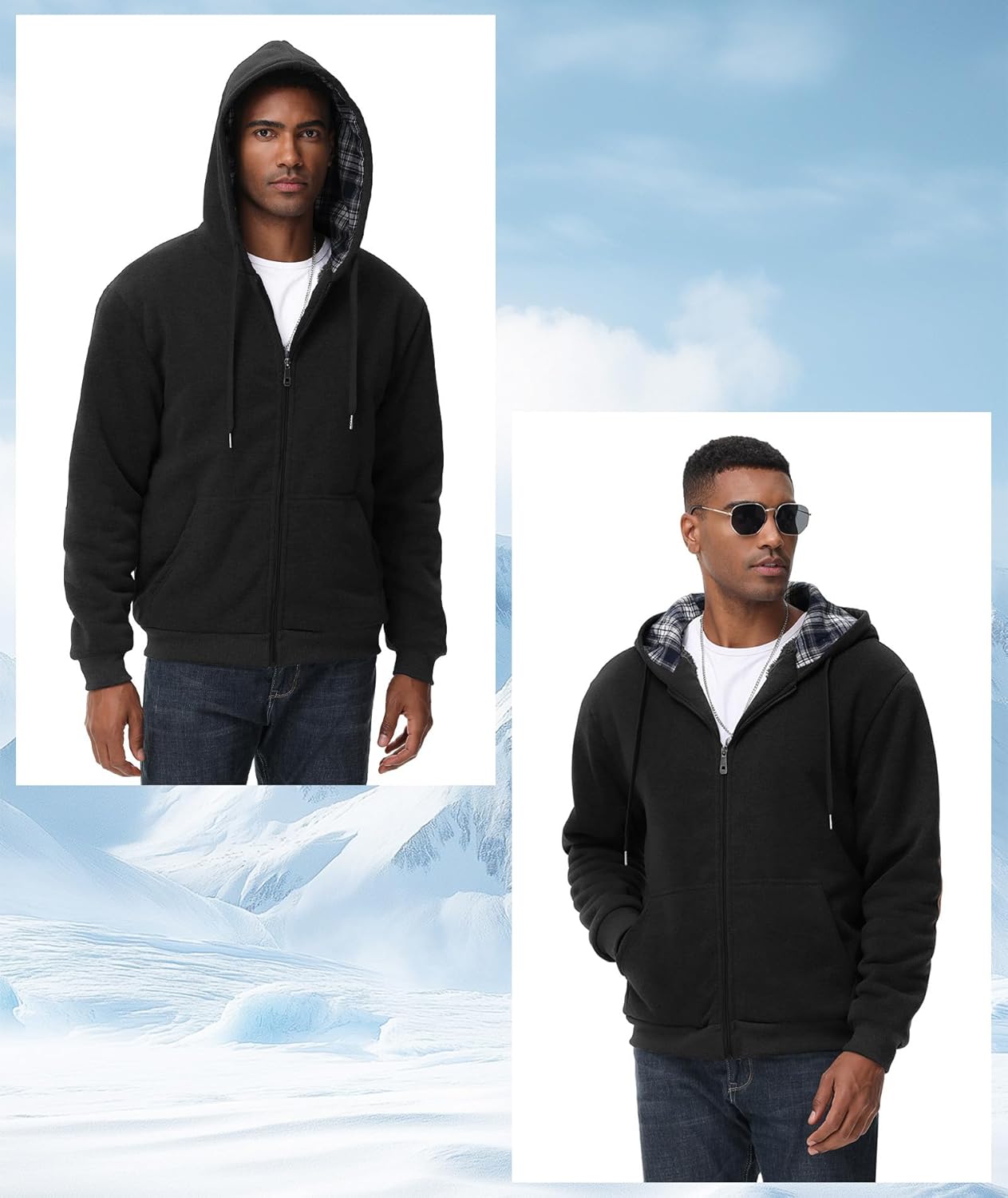 Men's Sherpa Jacket Fleece Lined Zip Up Plaid Hood Heavyweight Sweatshirt Winter Warm Thick Coat with Elbow Patches - Image 6
