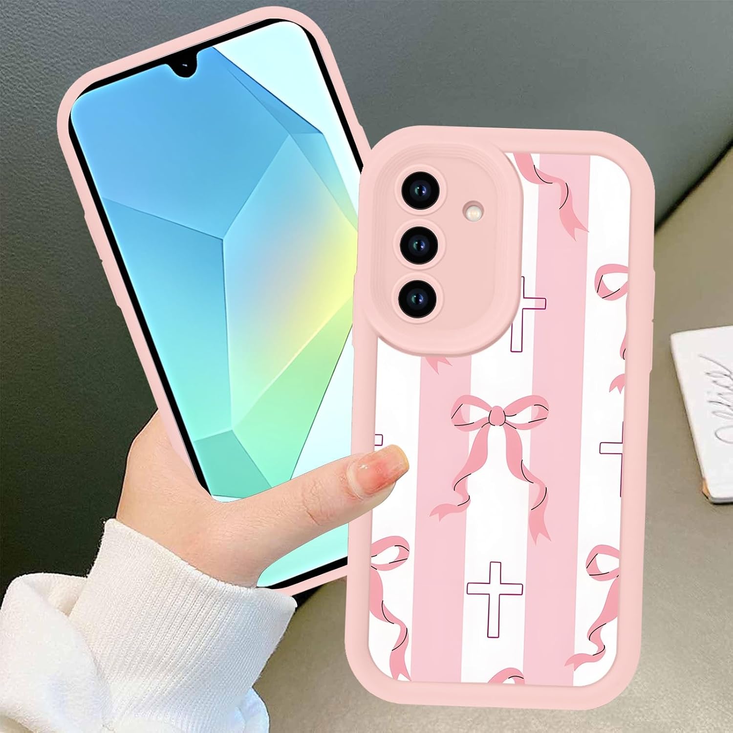 Aesthetic Cute Phone Case for Samsung Galaxy A16 5G 6,7", Jesus Cross Pastel Bow Floral Pink Ribbon Bowknot Design TPU Protective Silicone Shockproof Cover for Women Girls, Pattern image 5