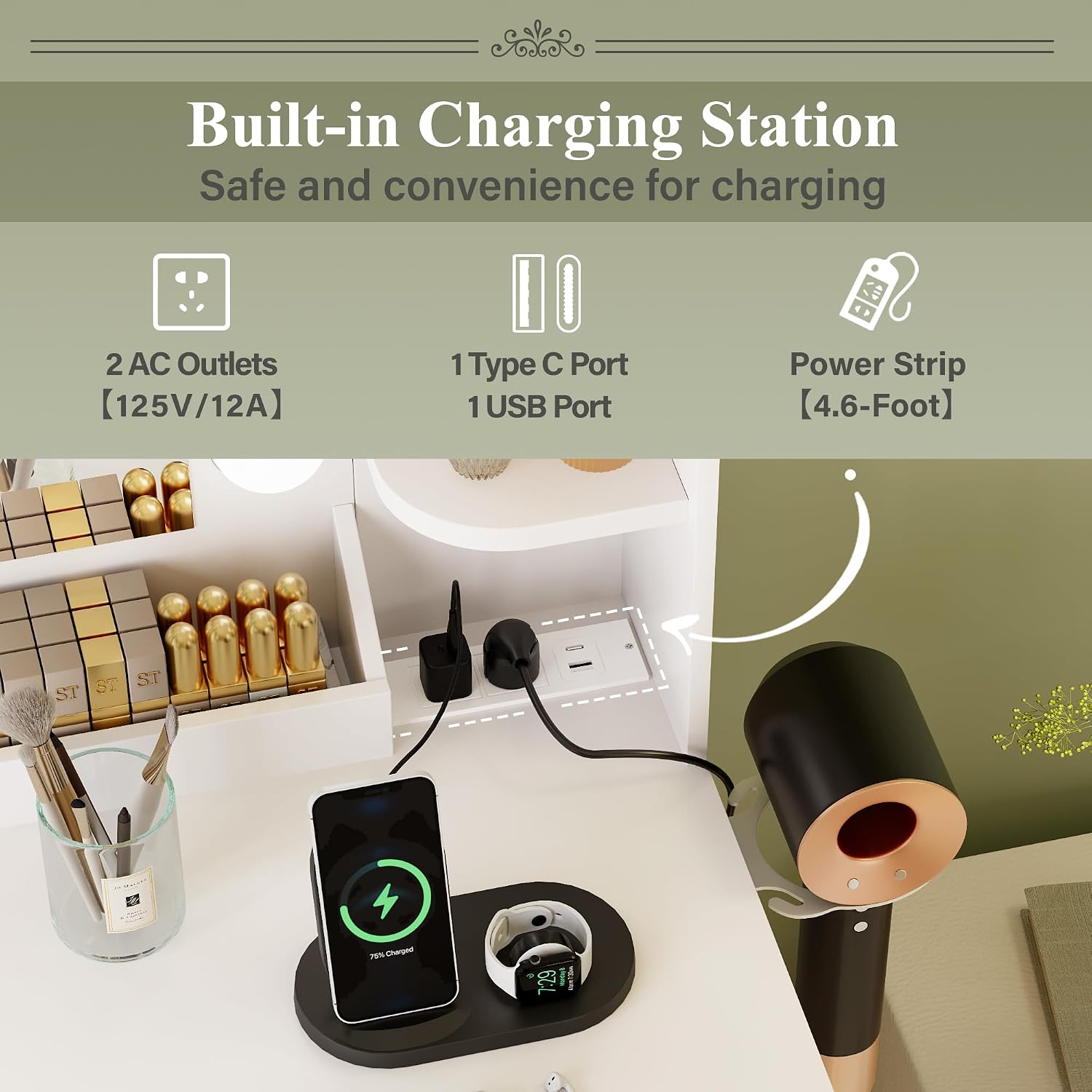 Close-up of the built-in charging station on the JUMMICO vanity desk