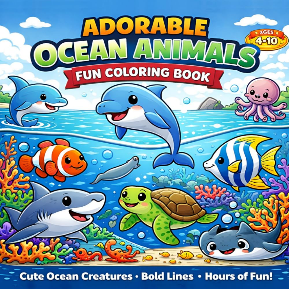 Adorable Ocean Animals Coloring Book: Fun & Easy Coloring Book for Kids Ages 4–10 (Adorable Animals Series)