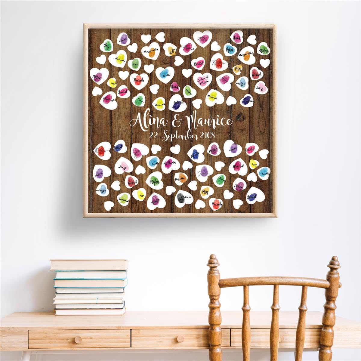 Madyes Płótno Ślub Odcisk palca Księga gości Spersonalizowana Drewno i Serce dla młodej pary jako prezent, dekoracja ślubna, imiona z datą. 50 x 50 cm rozmiar na blejtramie drewno