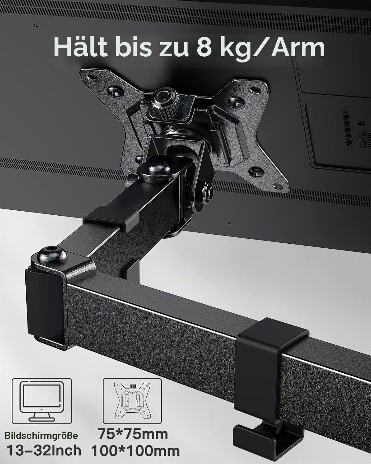 ErGear Monitor Halterung 2 Monitore für 13-32 Zoll Bildschirm, Bildschirmhalterung 2 Monitore mit Freistehender Sockel, Schwenkung 180° Drehung 360° VESA 75/100mm, 8KG pro Arm Gaming