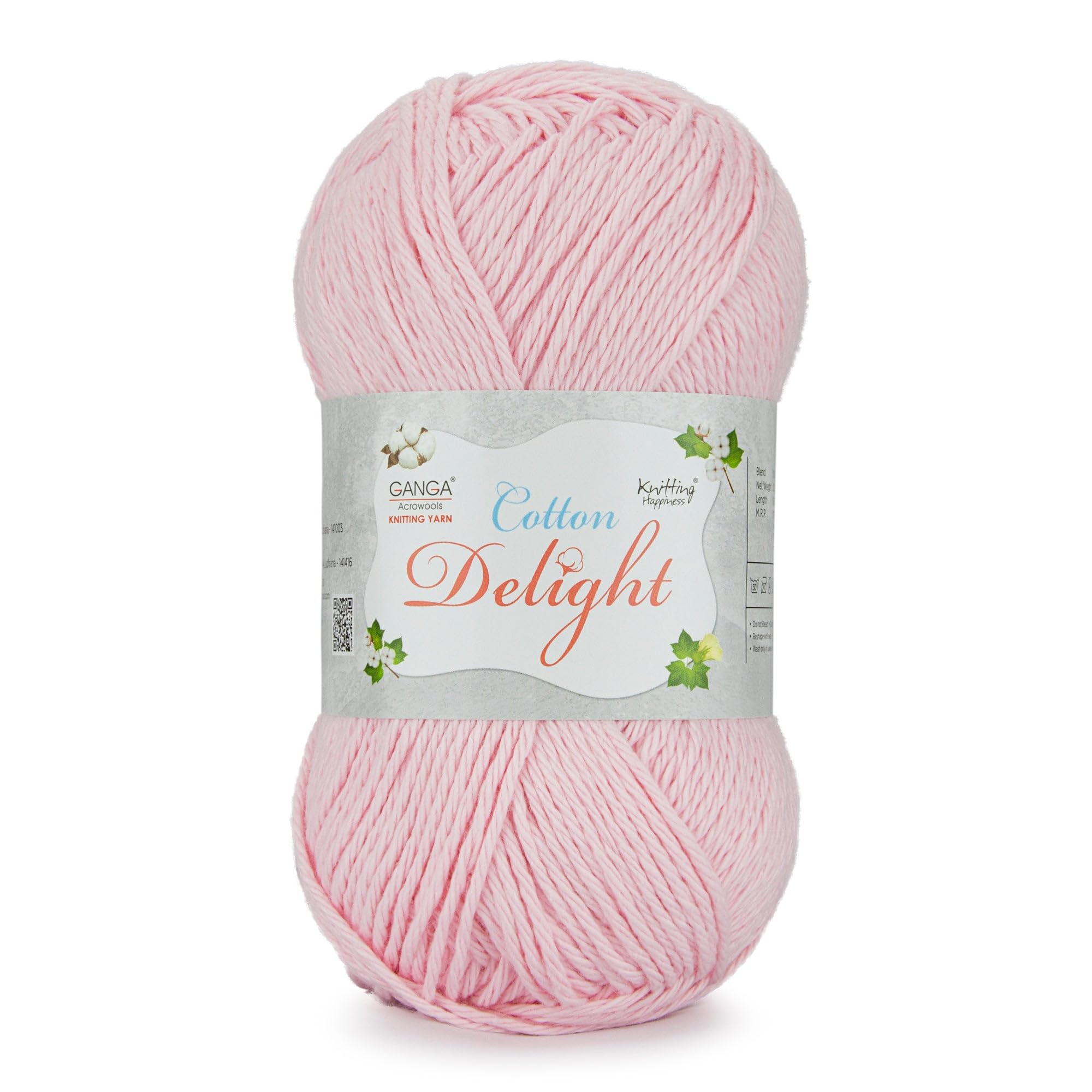 Ganga Acrowools Cotton Delight, Dk Weight Cotton Yarn, Oekotex Class L Certified 100G, 169M (Lite Pink)