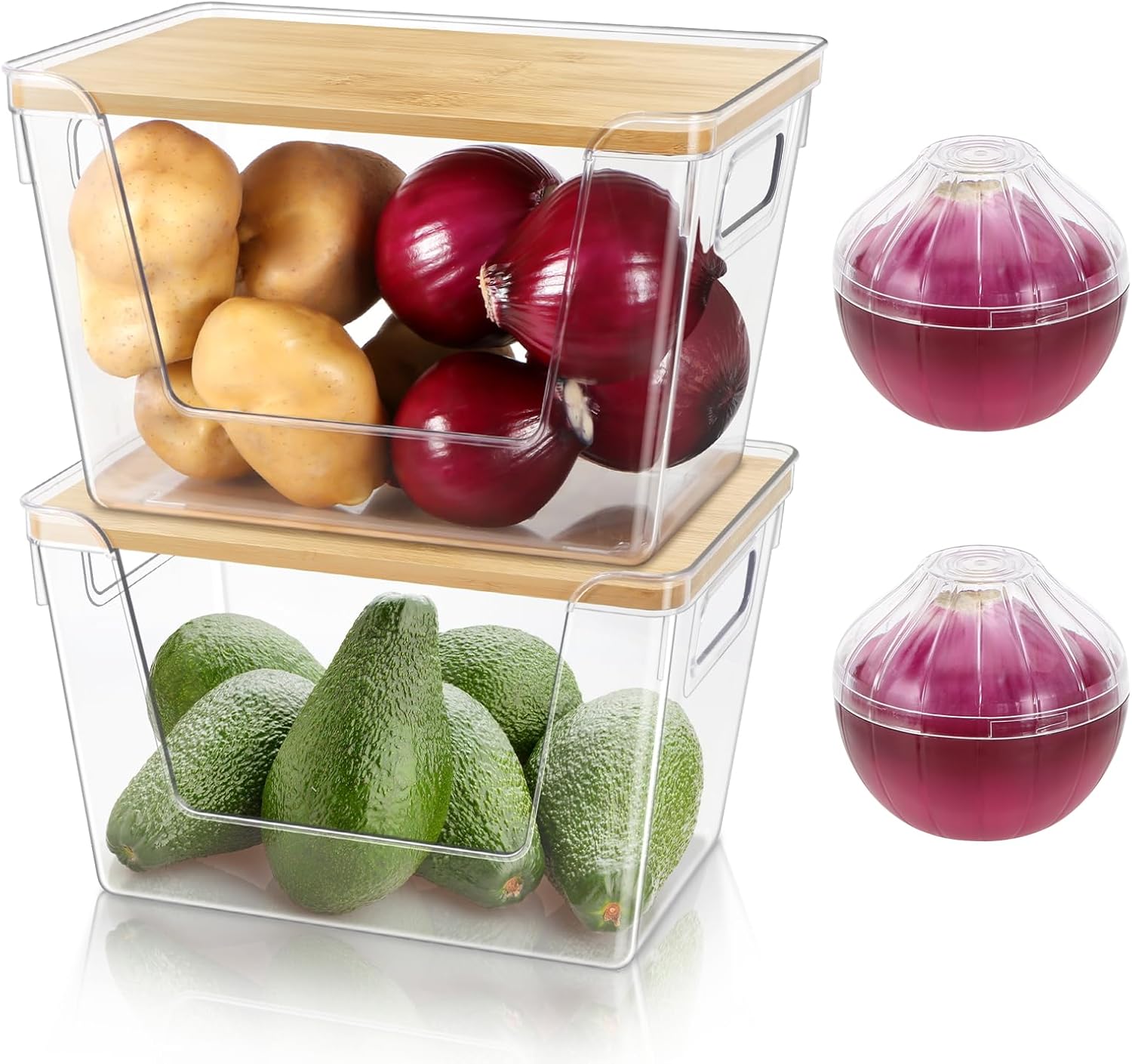 2 Set Potato Onion Storage Containers and Pantry Organizers Bin BPA-Free, Stackable Clear Plastic Storage Basket with Lid & Handle for Kitchen Counter, Cabinet, Fridge for Fruit, Vegetable, Produce