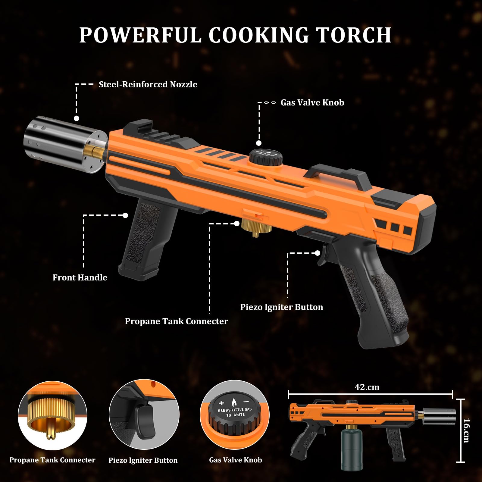 GL GLENSLAVE Potente pistola de gas propano para barbacoa, quemador de cocina con llama ajustable, quemador lanzallamas de cocina, kit de soldadura de gas para barbacoa, barbacoa, carne (naranja)