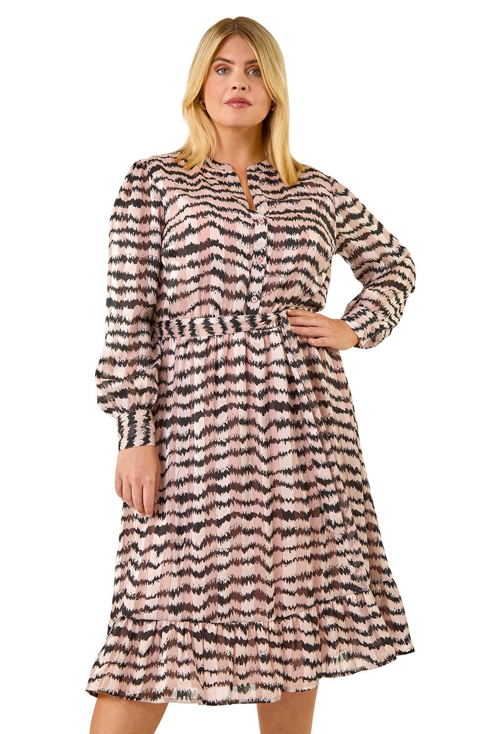 Roman Curve Animal Print Midi Dress for Women UK - Ladies Everyday Autumn Winter HIgh Neckline Comfy Soft Evening Vacation Work Party Night Out - Pink Plus - Size 20