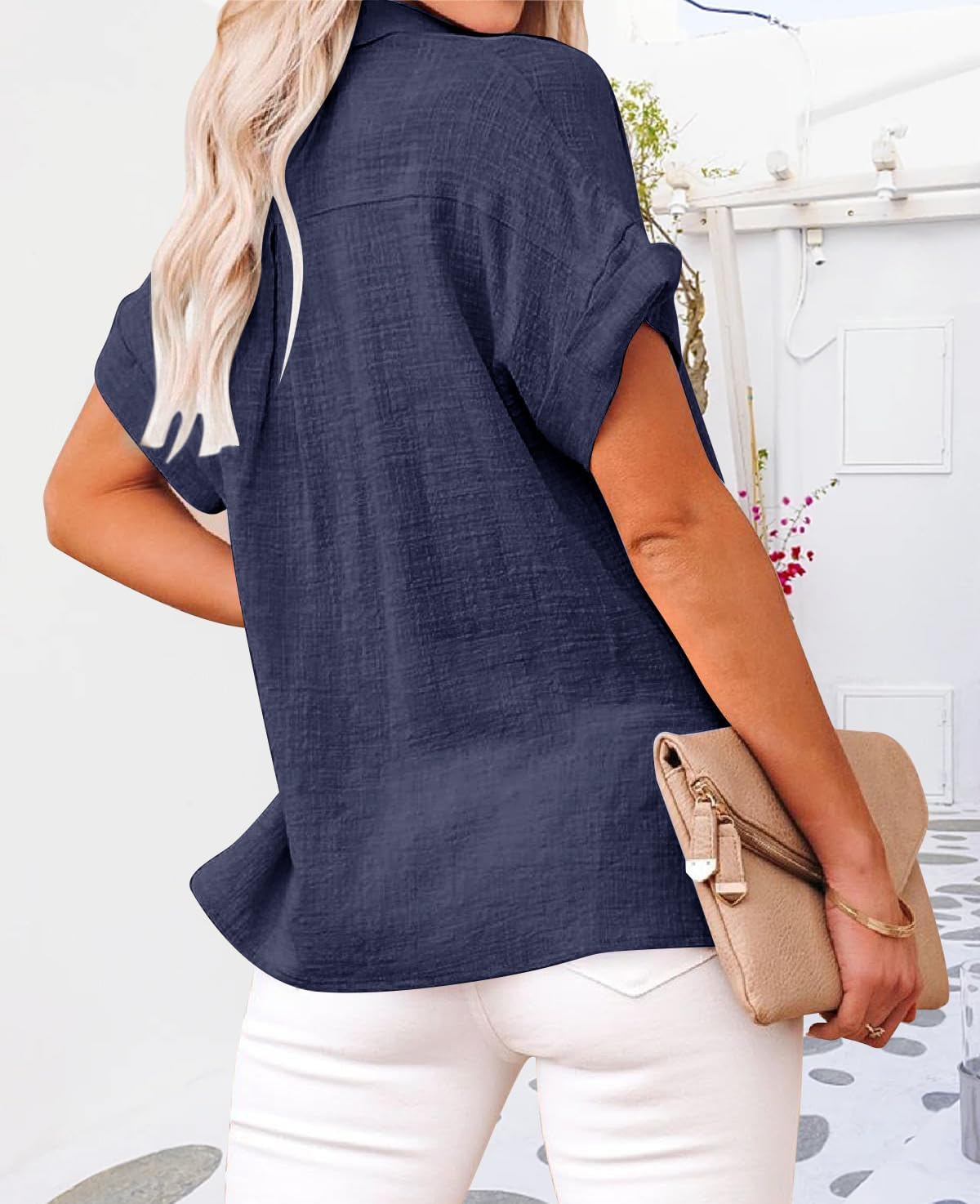 Womens Casual Cotton Linen Button Down Short Sleeve Shirts Solid Summer Beach Blouses Tops with Pocket - Image 3