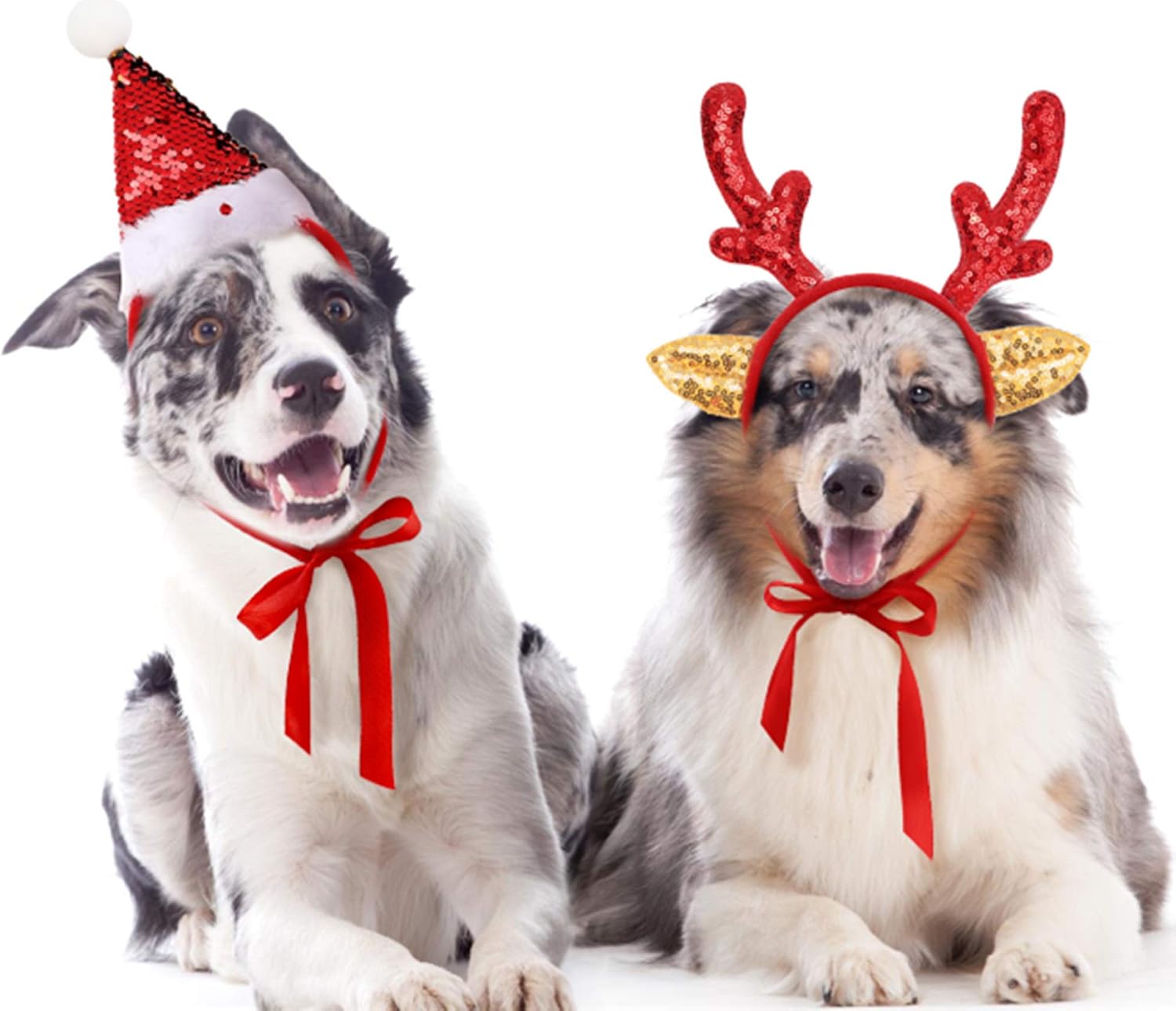 Color Changing Sequins Dog Santa Hat and Glittered Pet Antler Headband Set