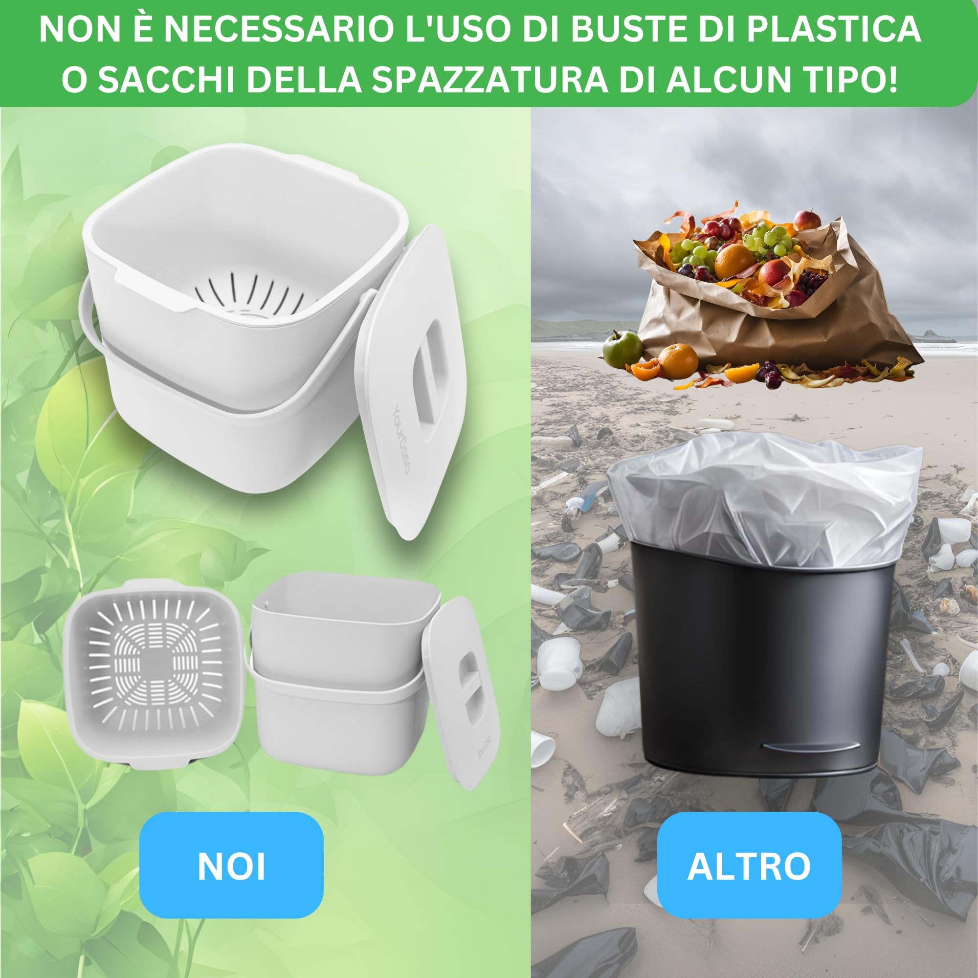 YourCasa pattumiera cucina 7 l - bidone umido - lavabile in lavastoviglie - con setaccio - pattumiera umido - bidoncino umido cestino umido cucina umido antiodore contenitore umido cucina (Bianco)