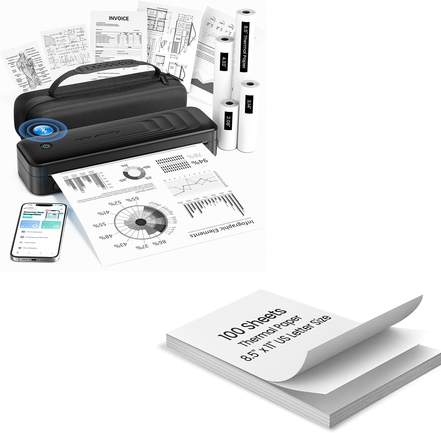 TATTMUSE Portable Thermal Printer+4 Roll Thermal Paper+1 Case+100Pcs Thermal Printer Paper US 8.5" x 11"