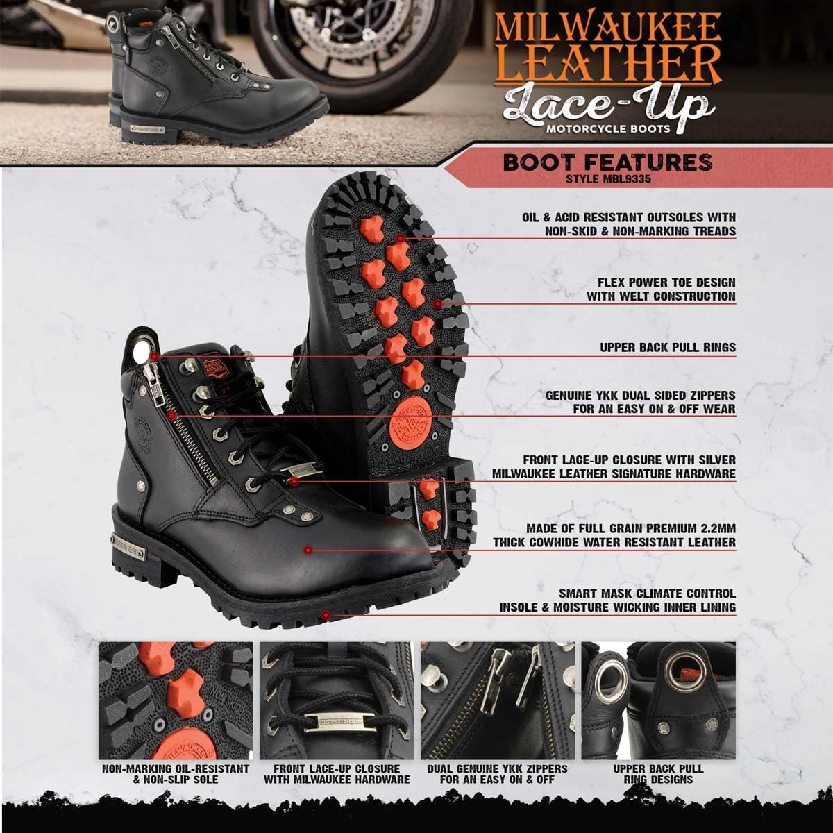 Milwaukee Leather MBL9335 Women's Black Low Cut Lace-Up Leather Riding Boots with Zippers - 5